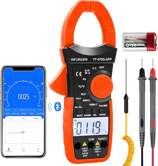 INFURIDER Digital AC/DC Volt Amp Clamp Meter,Wireless Bluetooth Auto Ranging 1000A Ammeter Clamp Multimeter for Voltage,Current,Ohm,Cap,Temperature Tester
