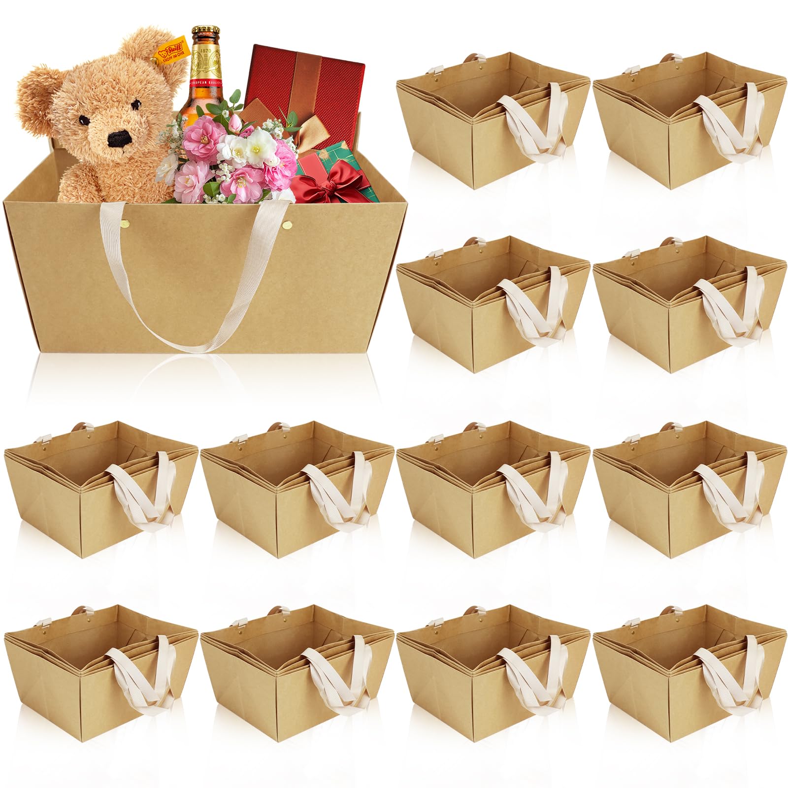 48 Pack Kraft Cardboard Gift Trays with Handles, 32x25x15cm Empty Paper Gift Baskets Bulk for DIY Hampers, Wedding, Corporate Events & Party Favors (Brown)
