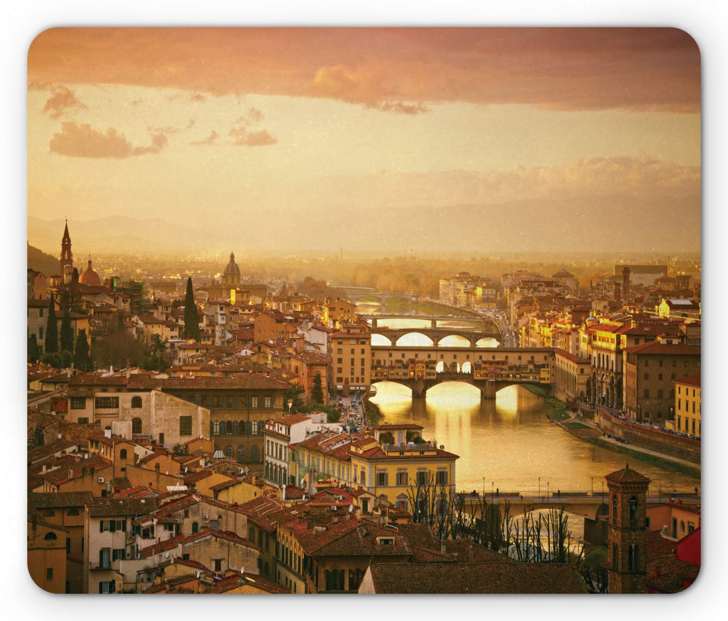 Wanderlust Mouse Pad, Bridge Ponte Vecchio Italy Bird Eye Sunset View Castle Houses Historic Cityscape, Rectangle Non-Slip Rubber Mousepad, Standard Size, Sand Brown