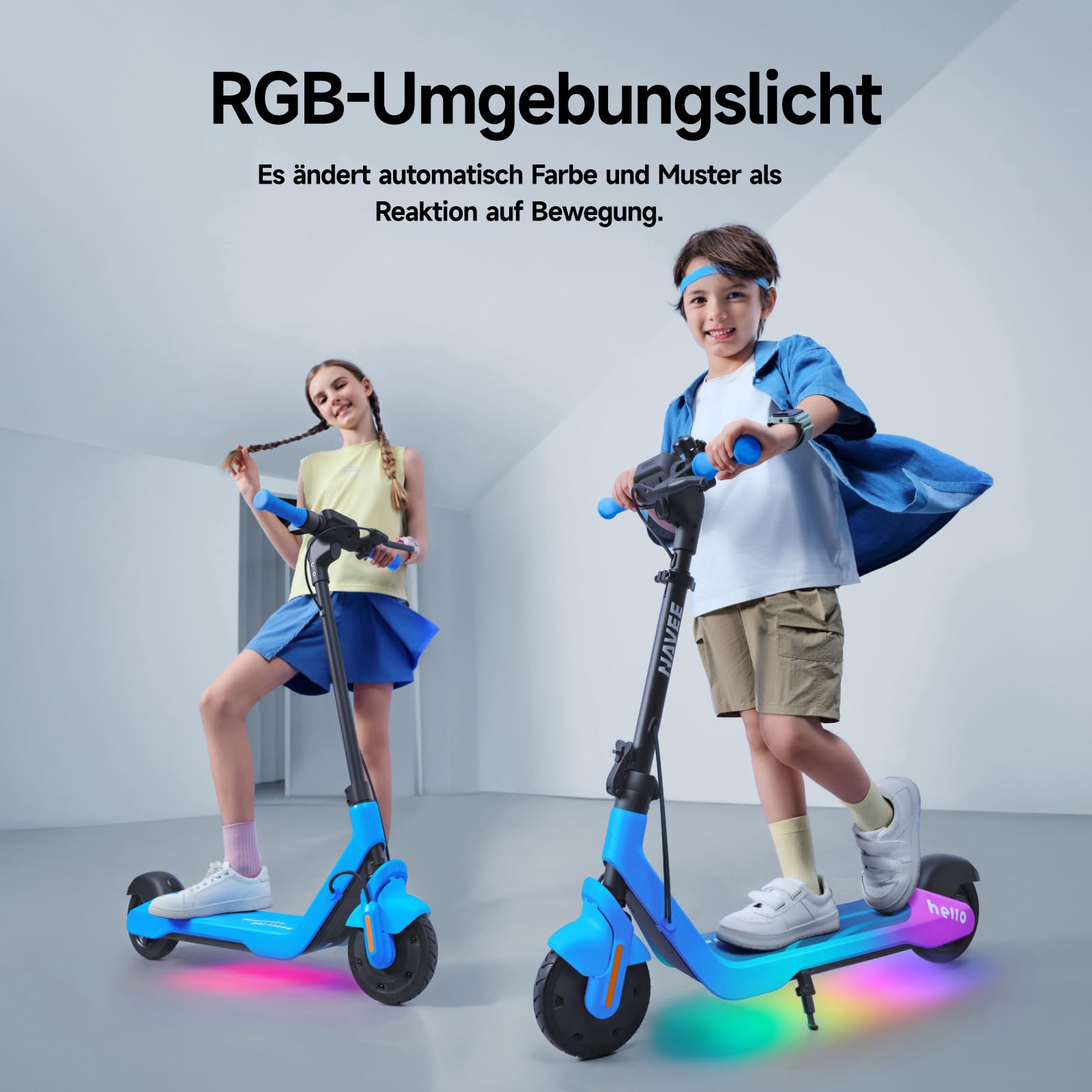 NAVEE K100 K100 Max E-Scooter Kinder ab 6 Jahre - 16 km Reichweite, 16 km/h, 50 kg Belastbar, IPX4 Wasserdicht, Bluetooth-Lautsprecher, RGB-Ambientelicht, faltbar & App-Geschwindigkeitskontrolle