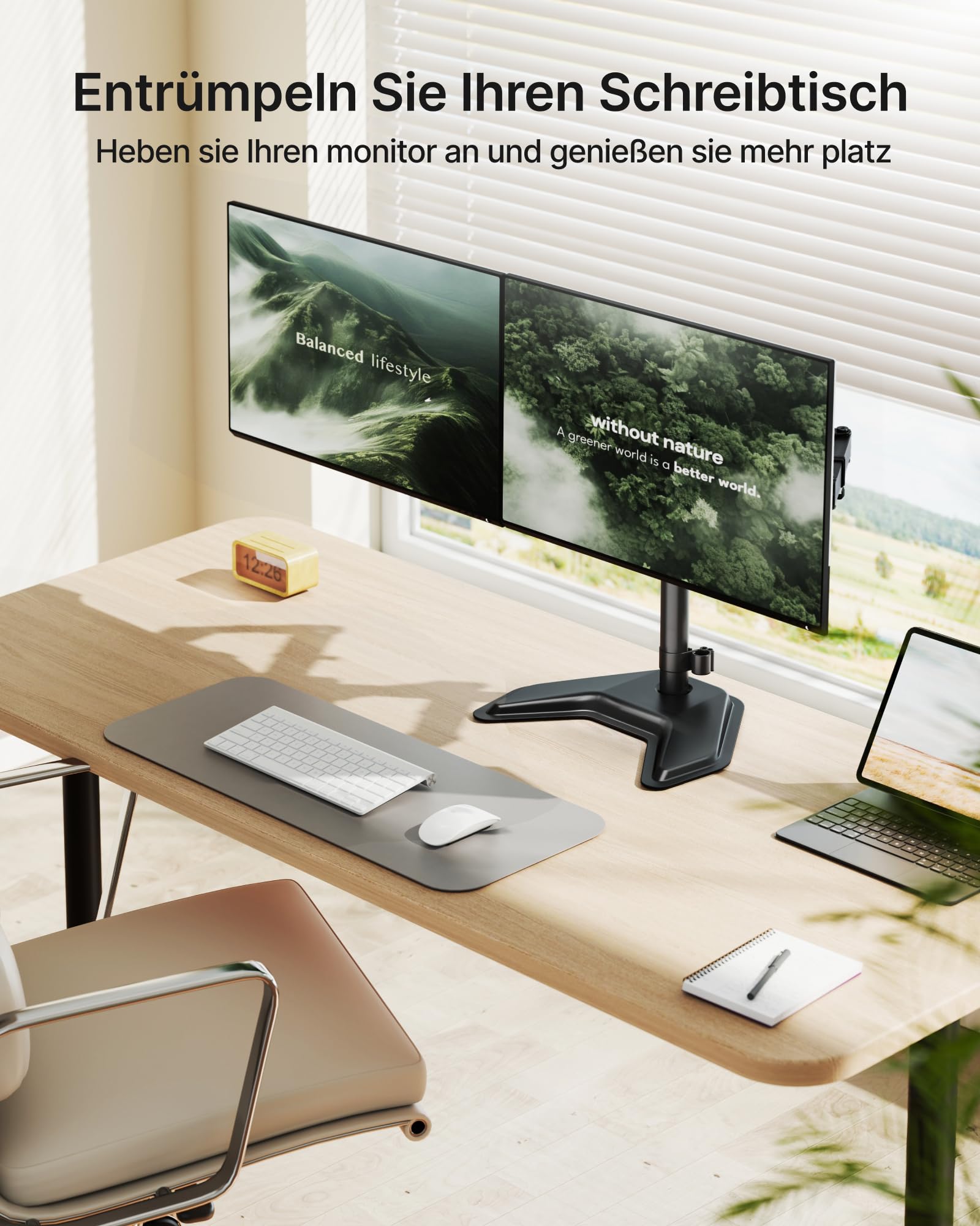 monTEK Monitor Halterung 2 Monitore für 17-32 Zoll Bildschirm, Robuster Schreibtischständer mit 10 kg Tragkraft pro Arm mit Freistehender Sockel, VESA 75/100mm