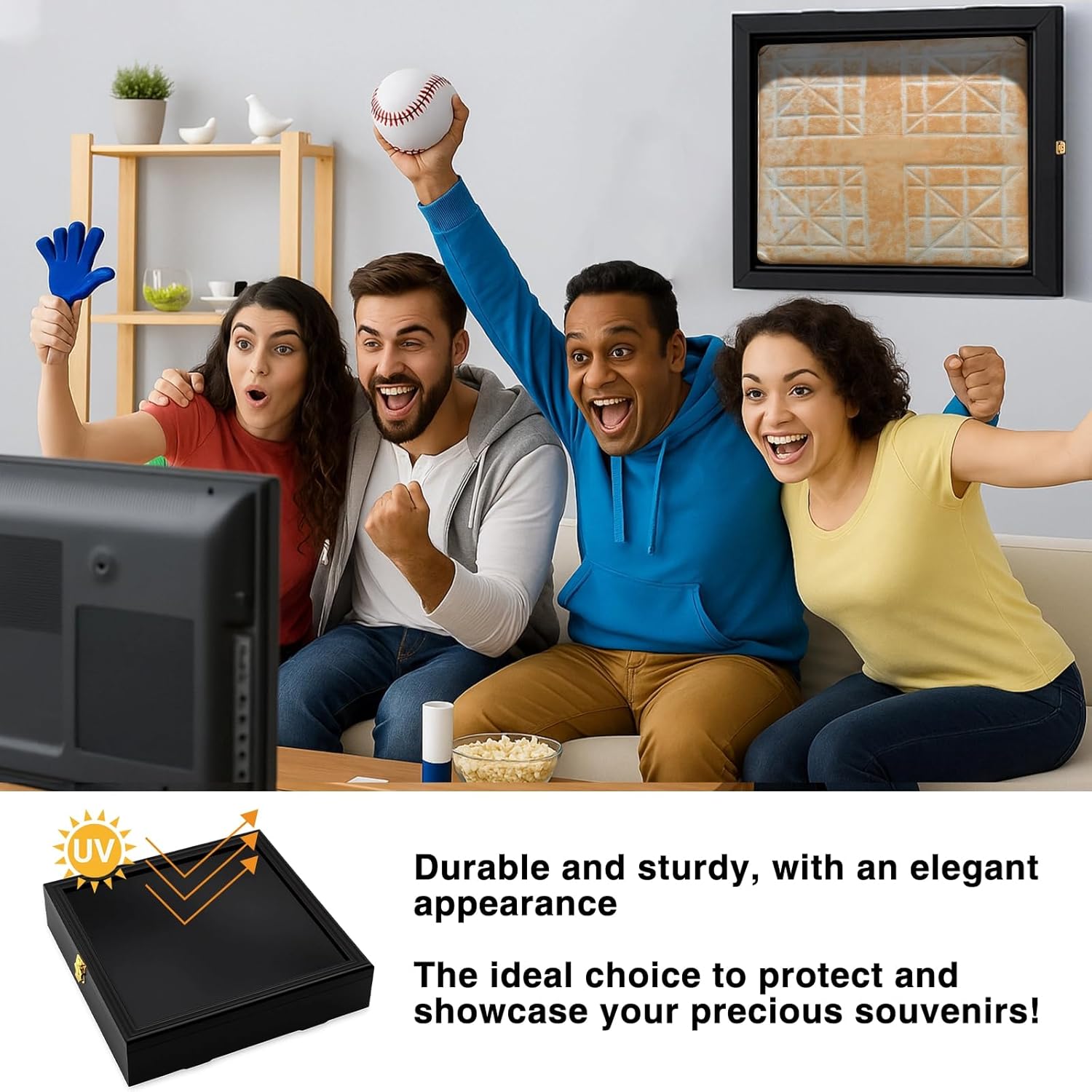 Full Size Baseball Base Plate Display Case Baseball Base Holder Display Case Cabinet Shadowbox with 98% UV Protection and Locking Door