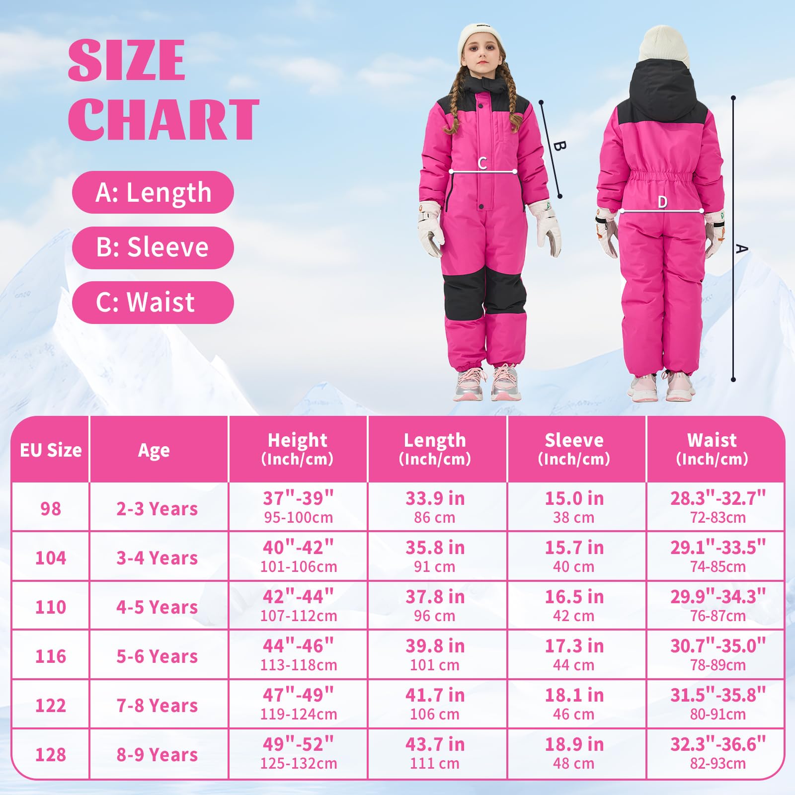 Owntop Mono de Nieve para Niños - Traje de Esquí Cálido de Una Pieza para Niños y Niñas, Traje de Nieve Ligero e Impermeable para Invierno, Traje para Snowboard para Bebés, 98-128 cm