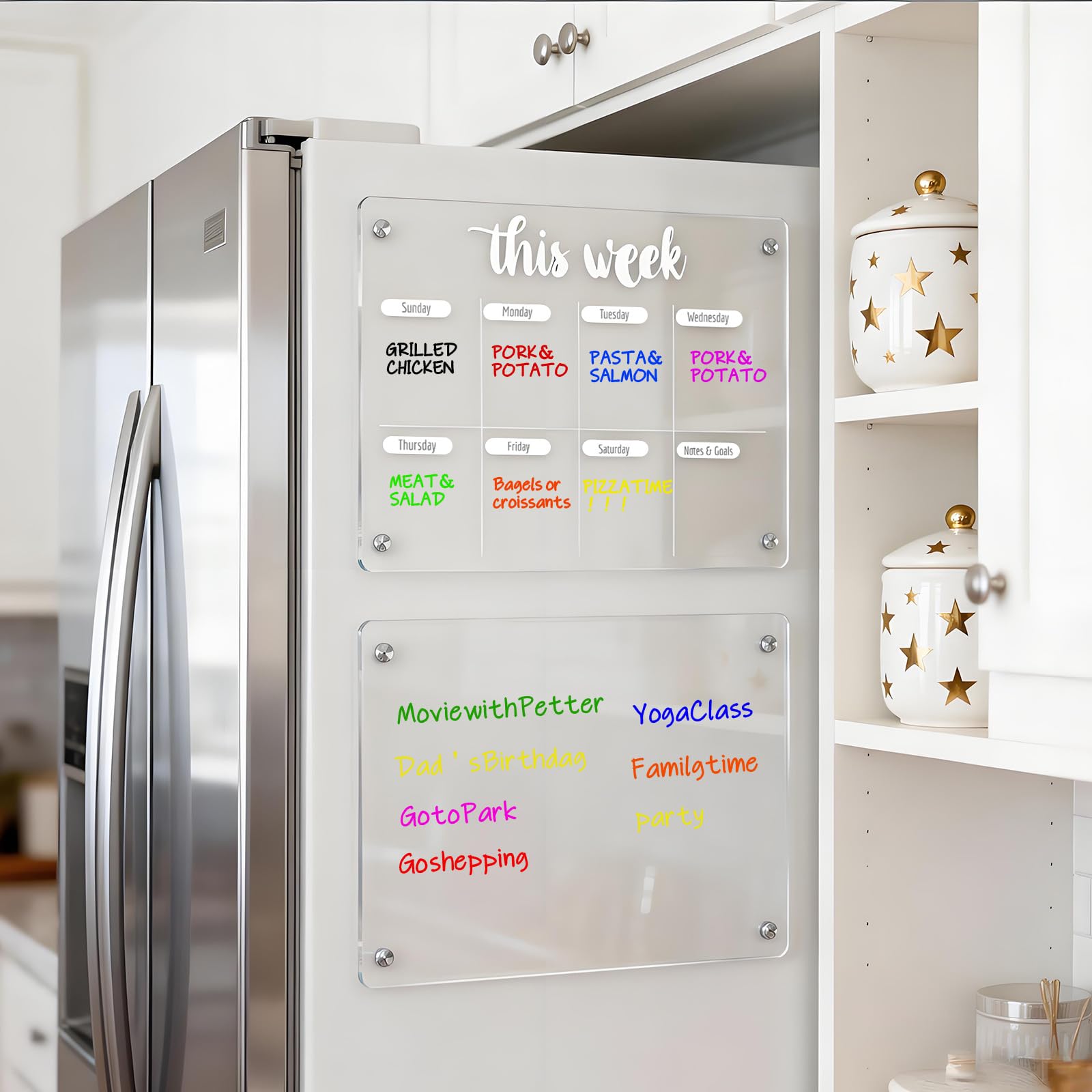 YOUNGSAY 2 Pcs Weekly Planner Magnetique Frigo Transparent A4 Effaçable Tableau Frigo Magnétique avec 12 Marqueurs