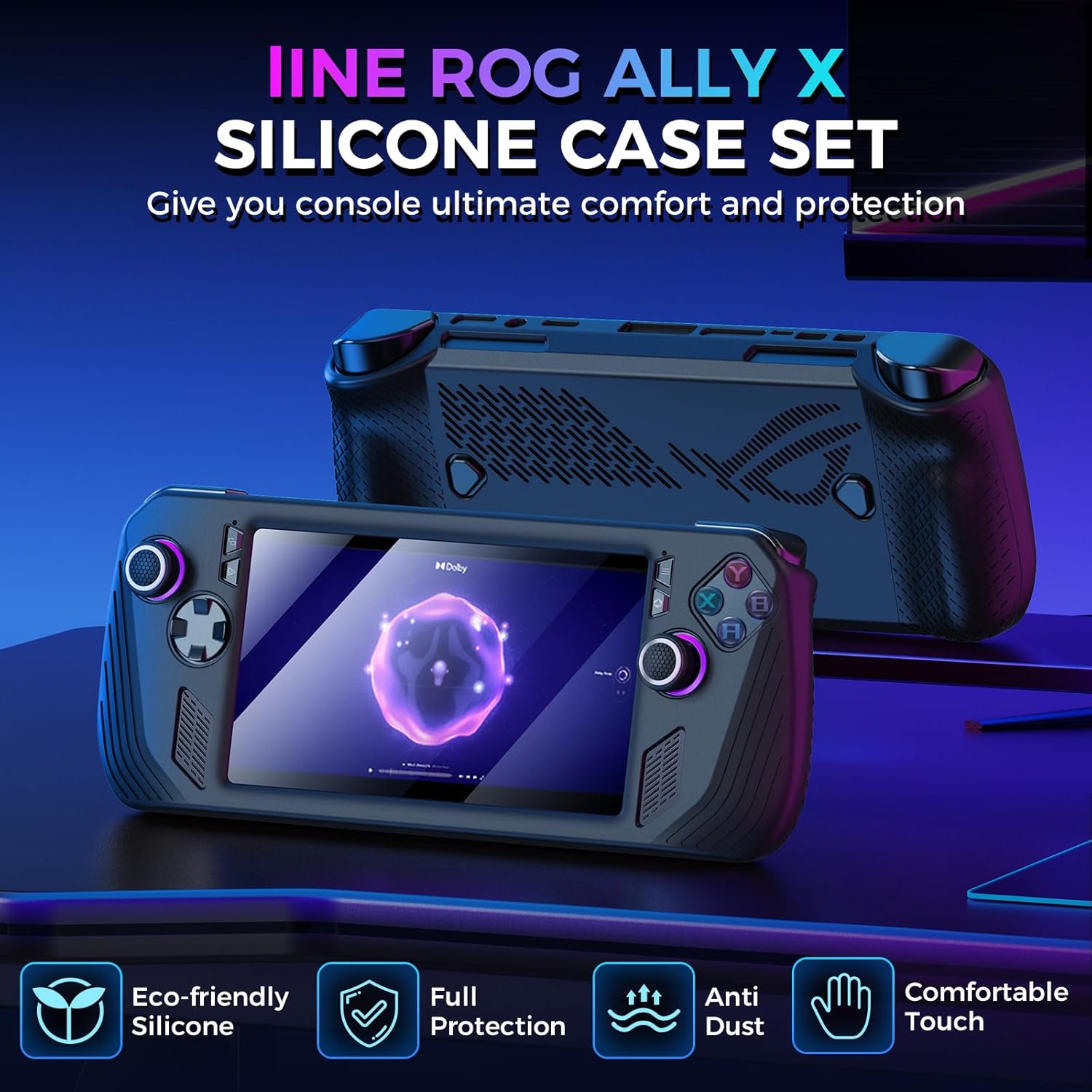 IINE ROG Ally X Silicone Protective Case with Tempered Glass Screen Protector, Thumb Stick Caps, Anti-Slip Grip, Dustproof Cover, Soft Silicone Shell for ROG Ally X Console Accessories