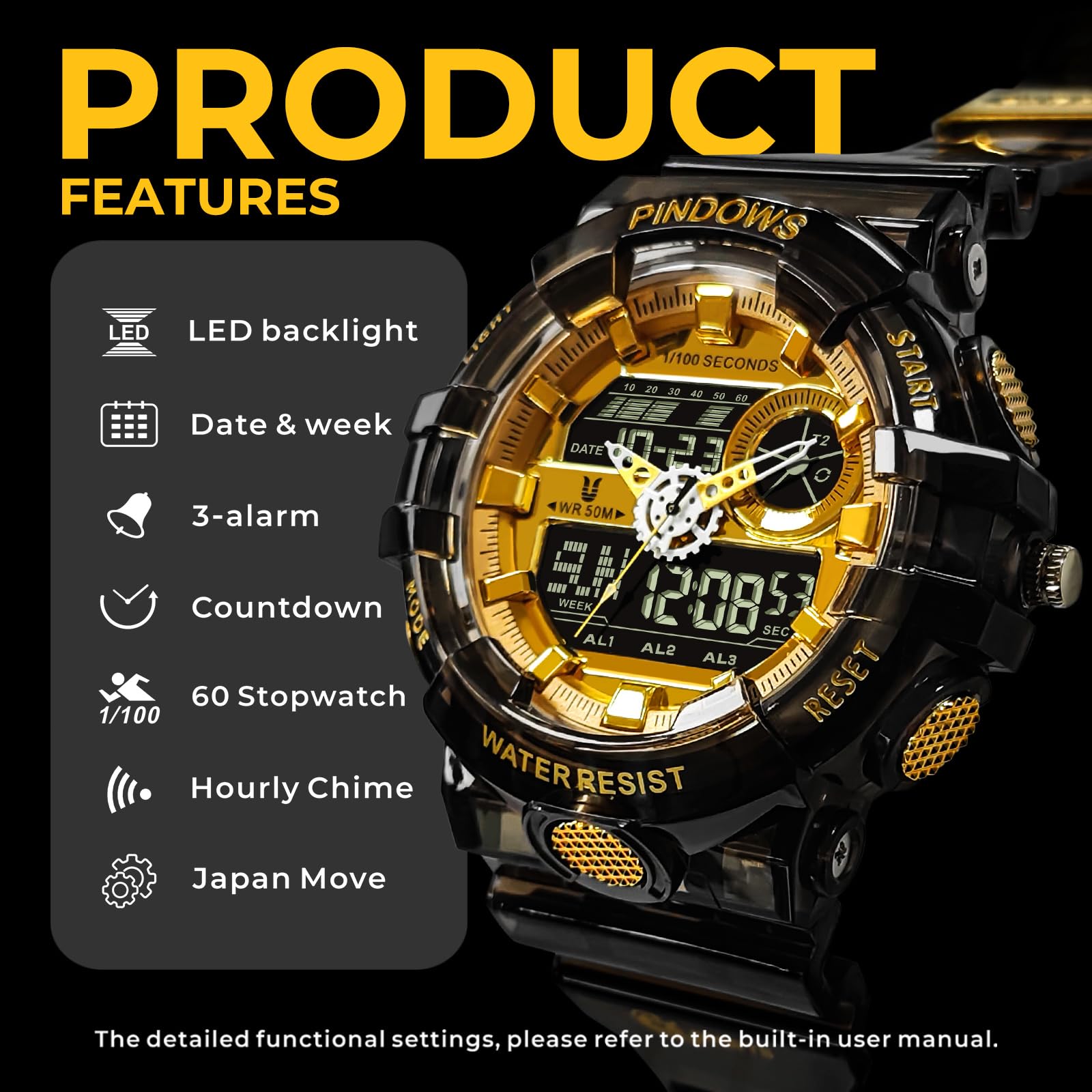 PINDOWS Orologi da uomo, con luce a LED, orologio sportivo grande digitale, analogico, doppio fuso orario, multifunzione, orologio da polso militare, 3 allarmi, conto alla rovescia, cronometro
