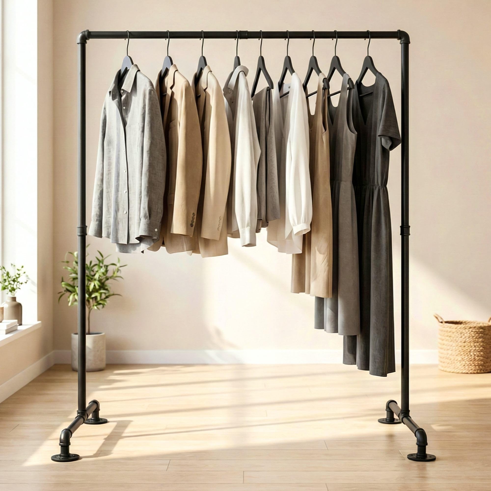 CLP Perchero Jersey Estable, de pie, Ancho Ajustable, Barra de Metal Estilo Industrial, Perchero de Ropa, Color:Negro, Tamaño:120 cm