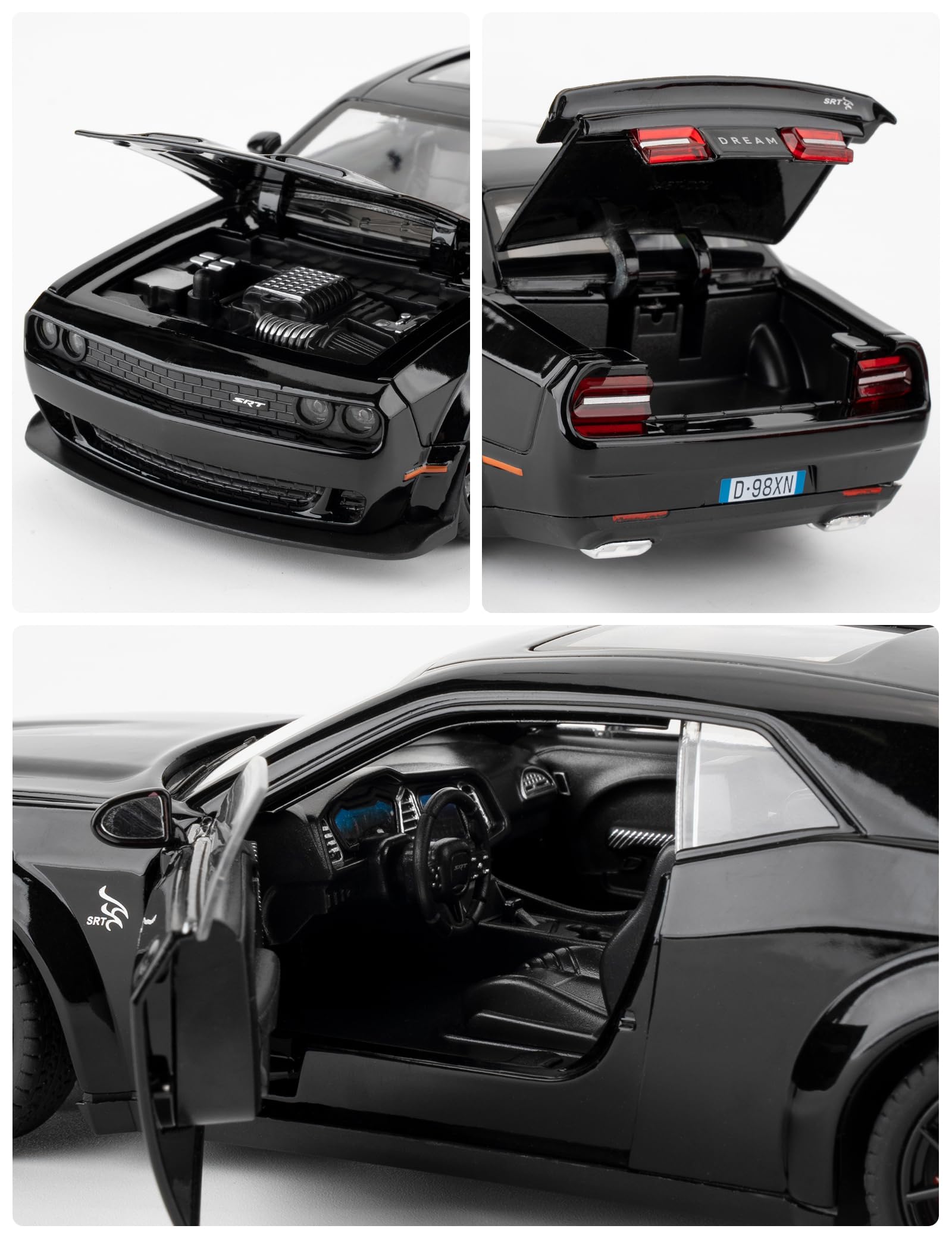 imtfzct Modèle de voiture 1/24 Dodge Challenger SRT Hellcat, modèle à collectionner en métal avec lumières et sons, jouet de voiture à tirer vers l'arrière pour décoration, cadeau d'anniversaire pour
