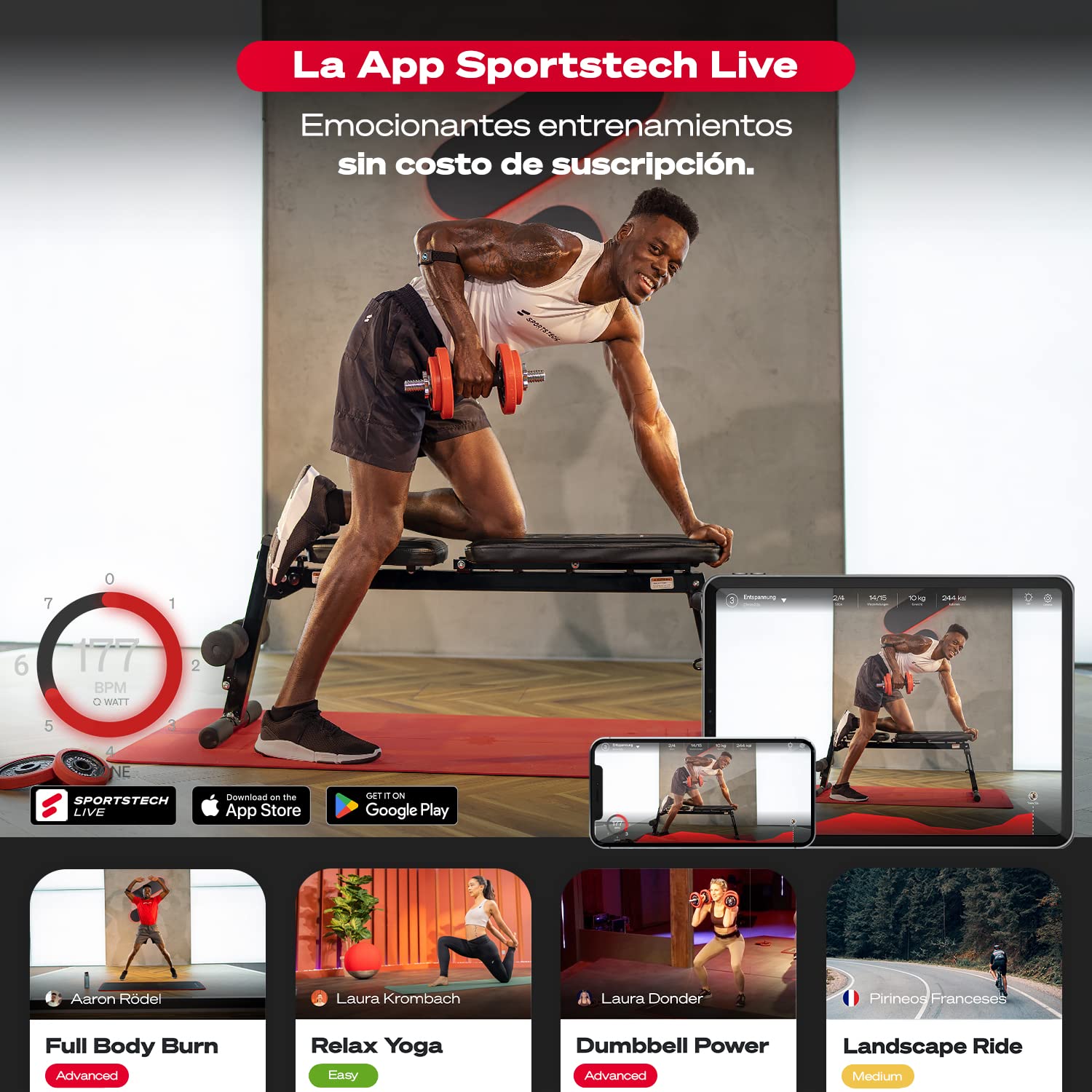 Banco de pesas Sportstech, plegable, inclinado y plano, max. carga de 180 kg, para entrenar los abdominales y ponerse en forma + más de 40 combinaciones para uso doméstico | BRT400