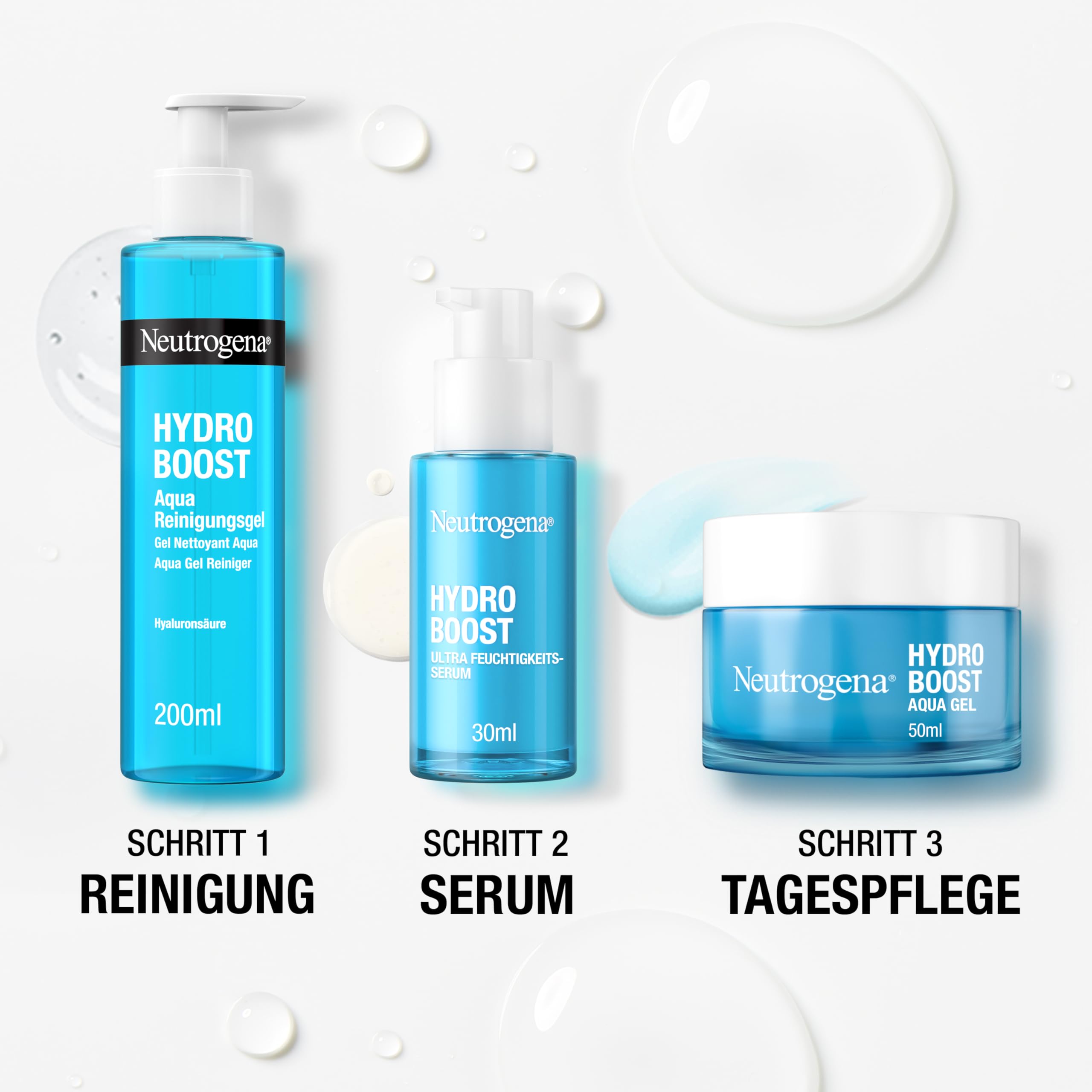 Neutrogena Hydro Boost Skincare Set mit Aqua Reinigungsgel, Aqua Perlen Gesichtsserum und Aqua Gel Gesichtscreme, Gesichtsreinigung- und pflege mit Hyaluronsäure, optimal als Geschenkset