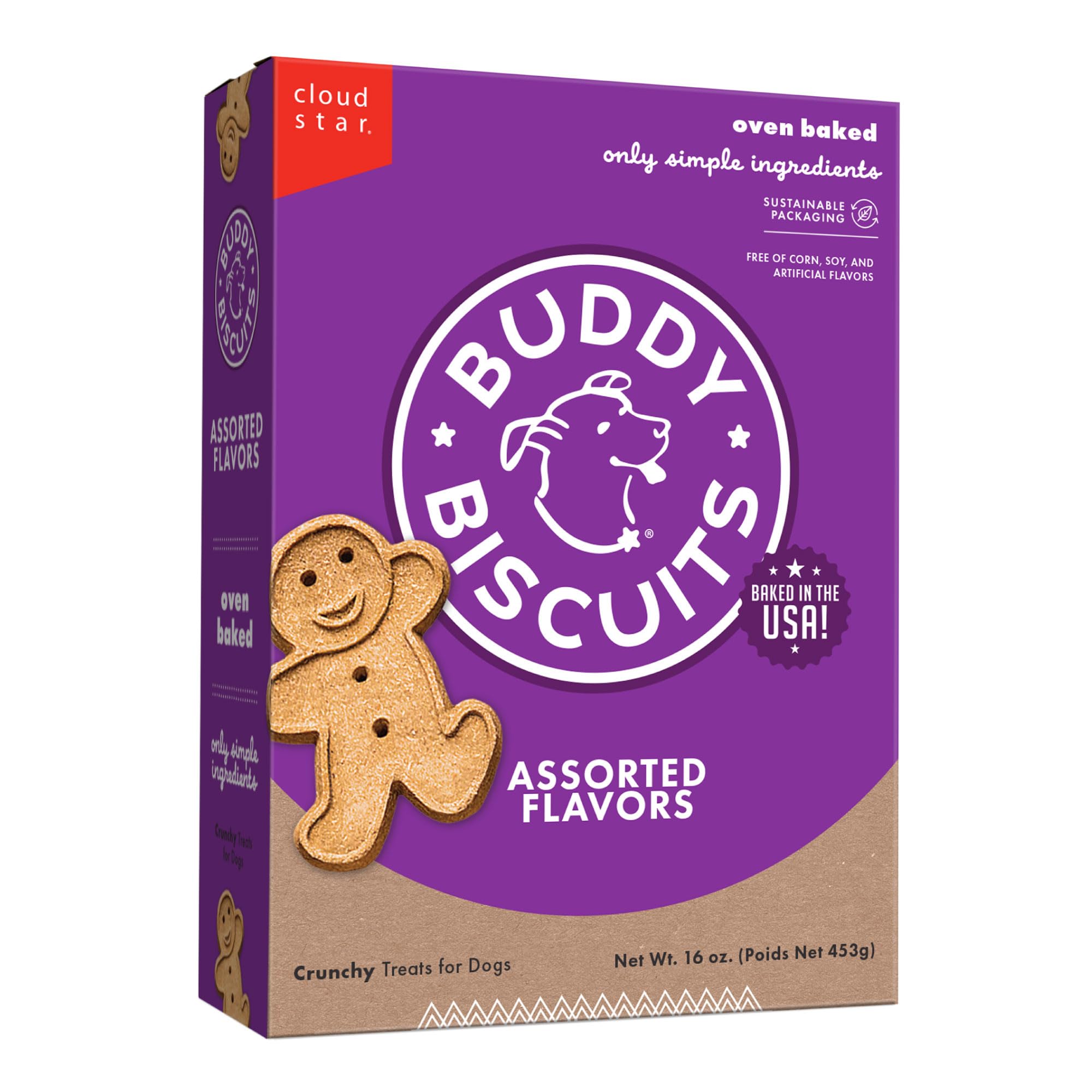 Buddy Biscuits 16 oz. Box of Crunchy Dog Treats Made with Assorted Flavors of Roasted Chicken, Grilled Beef, and Sharp Cheddar