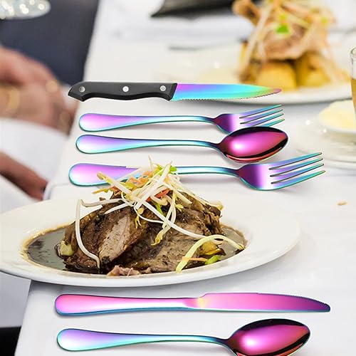 Miniatura 100 de A·HOUSEWARE - Juego de cubiertos iridiscentes con diseño hueco, 20 piezas, acero inoxidable, incluye tenedores, cucharas, cuchillos, utensilios