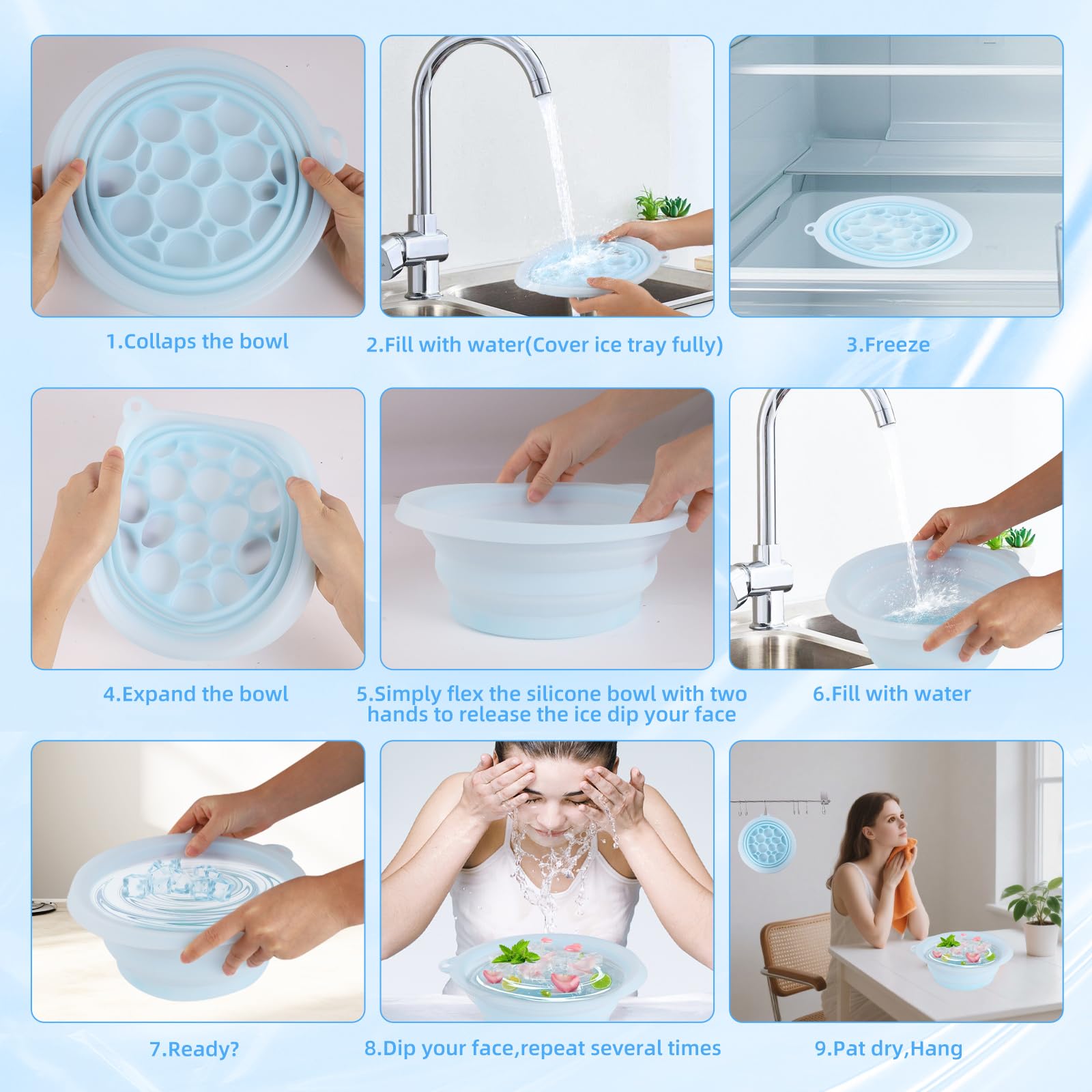 Face Ice Bath Bowl, Silicone Ice Facial Folding Washbasin, Foldable Ice Bath Artifact, Portable Washing Basin, Face Ice Bath Water Chiller for Soothe Skin, Reduce Puffiness, Pore Shrinking