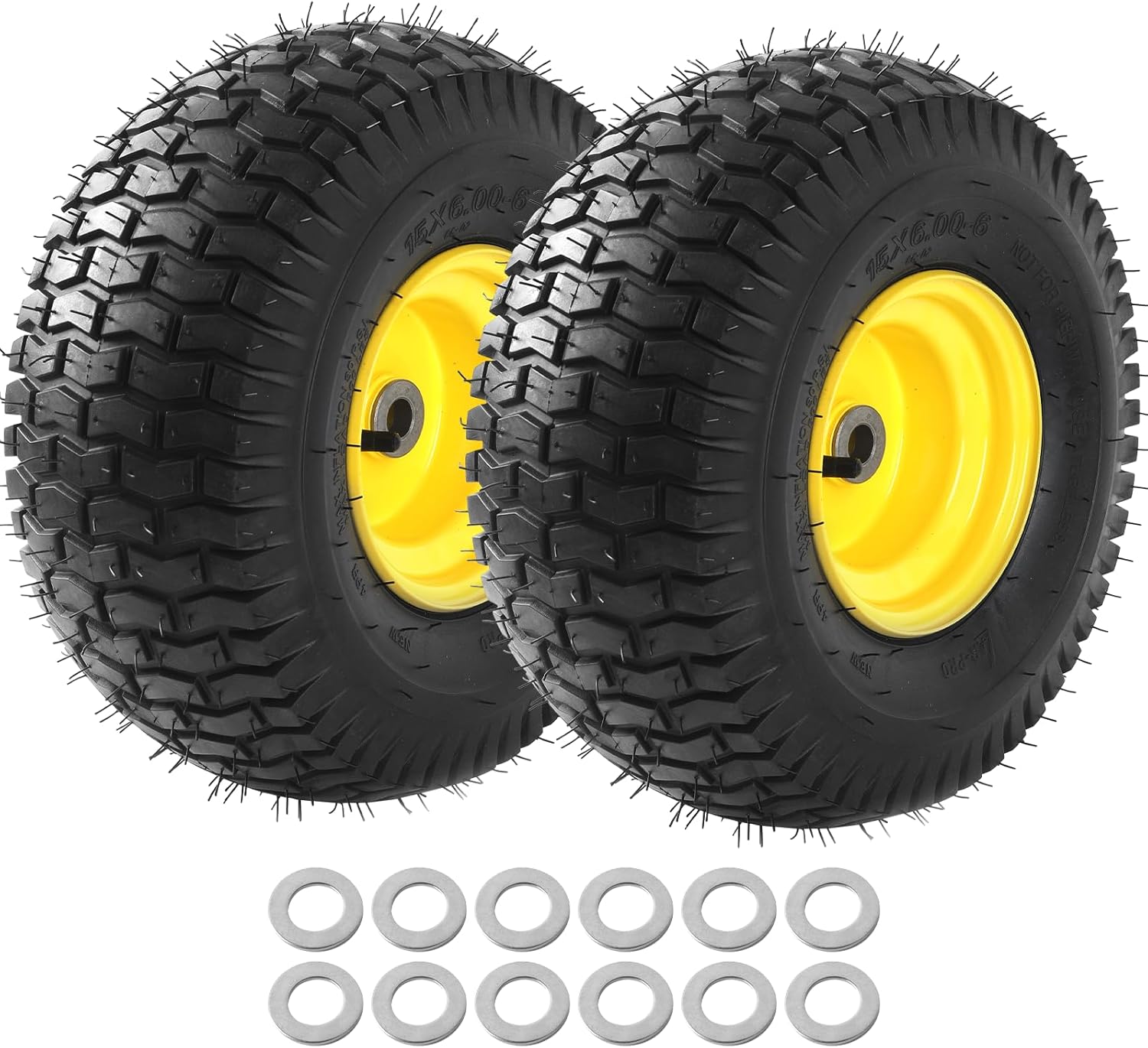 AR-PRO (2 Pack) 15 x 6.00-6" Tire and Wheel Set, 4 Ply Tubeless Front Tires with Rim Assemblies, 3" Offset Hub and 3/4" Bushings - Compatible with John Deere Riding Mower and Most Lawn Tractor 15 x 6.00-6" Tubeless (Offset Hub) Yellow
