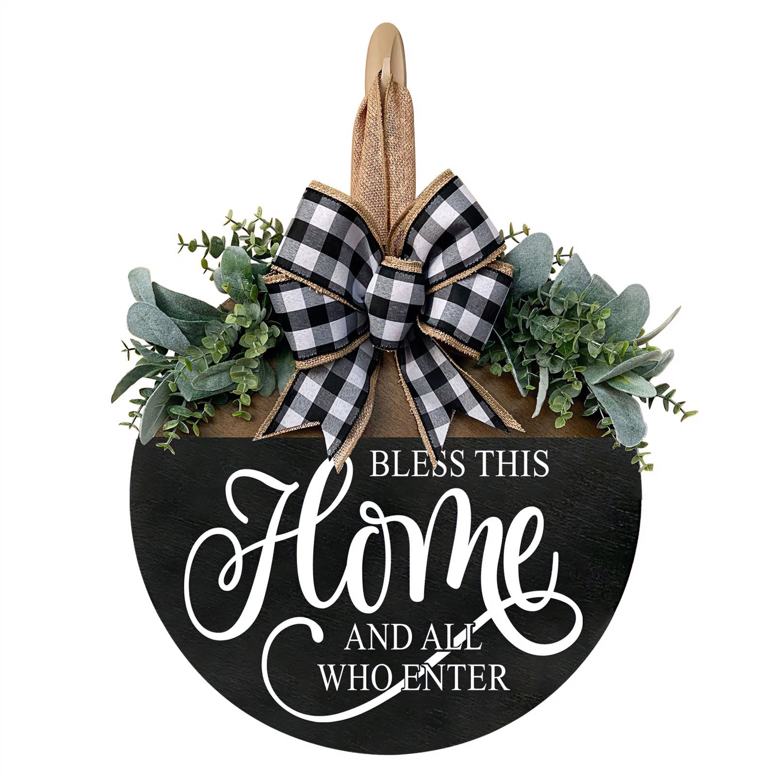 Bless This Home Welcome Sign for Front Door, Rustic Wood Wall Decor Porch Wreaths Hanging Door Decorations for Home Outdoor for Spring Summer Fall All Seasons Holiday