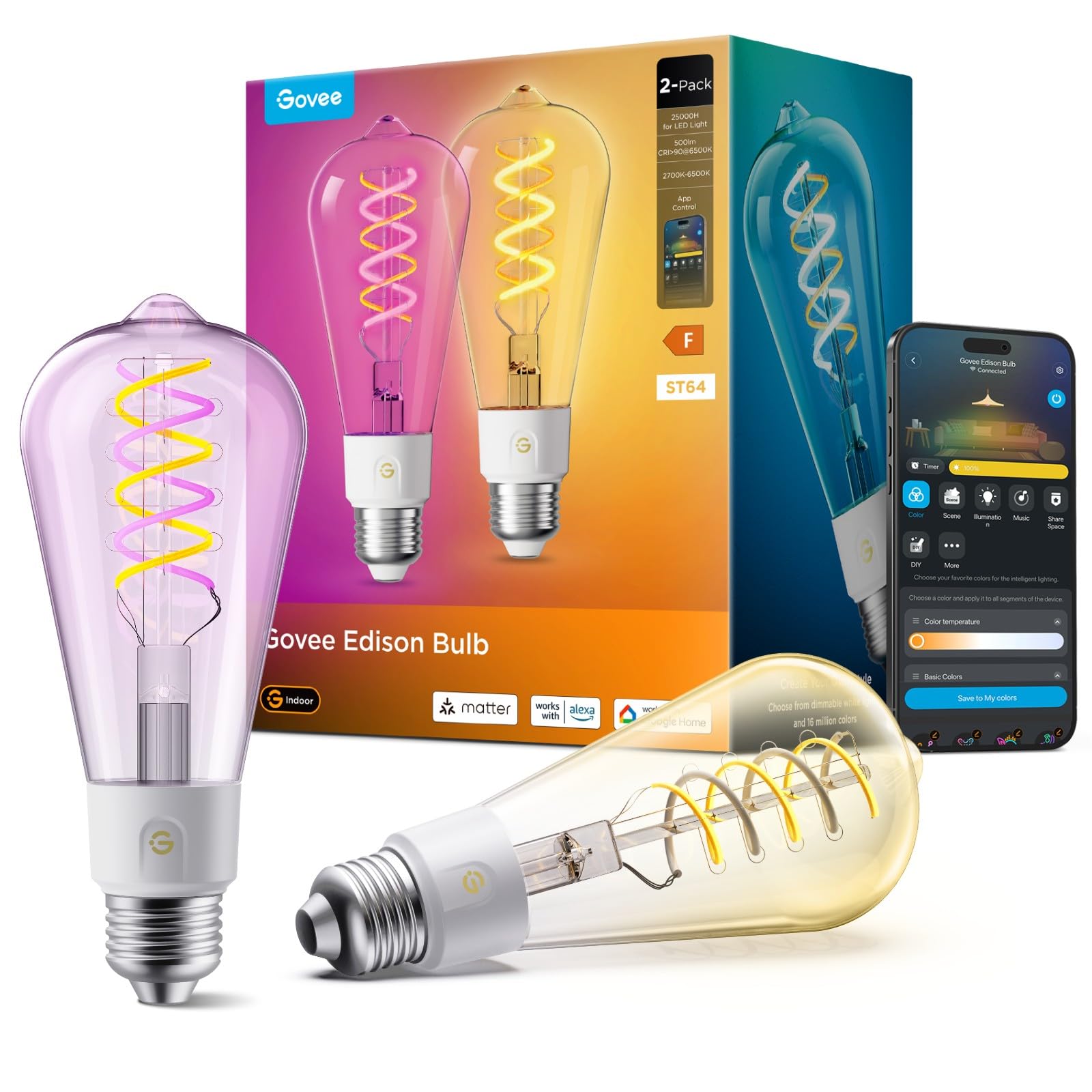 Govee Żarówka Smart Edison E27, RGBWW LED lampa ST64 kompatybilna z Matter i Google Assistant, 500 lm, COB ściemniana żarówka, 16 milionów kolorów, żarówki żarowe do dekoracji vintage, 2 sztuki