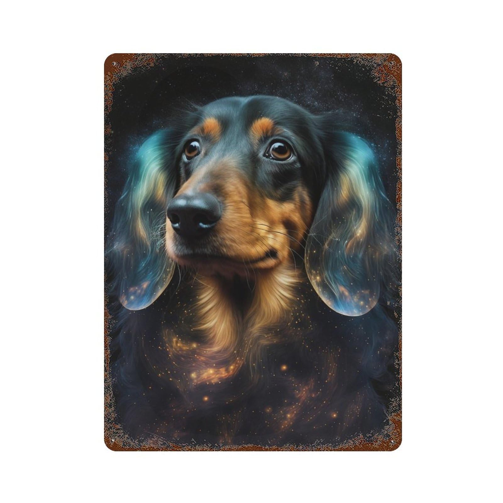 Galactic Dachshund Portrait -7 Aged Metal Wall Plaque 15.7"x11.8", Industrial Home Decor for Garage, Pub Or Kitchen