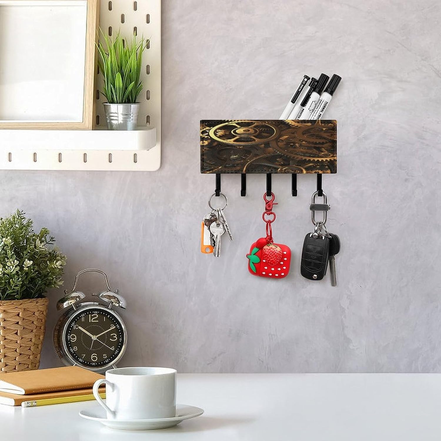 Key Holder Wall Mount Key Hanger with 5 Hooks, Decorative Key Rack | Cool Steampunk Gears Hanging Key Hooks with Mail Organizer for Wall Living Room Kitchen Bathroom Hallway