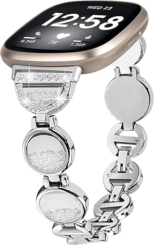 Compatible con Fitbit Versa 4 y Versa 3 bandas para mujer, pulsera ajustable de acero inoxidable estilo arena movediza bandas de metal compatibles
