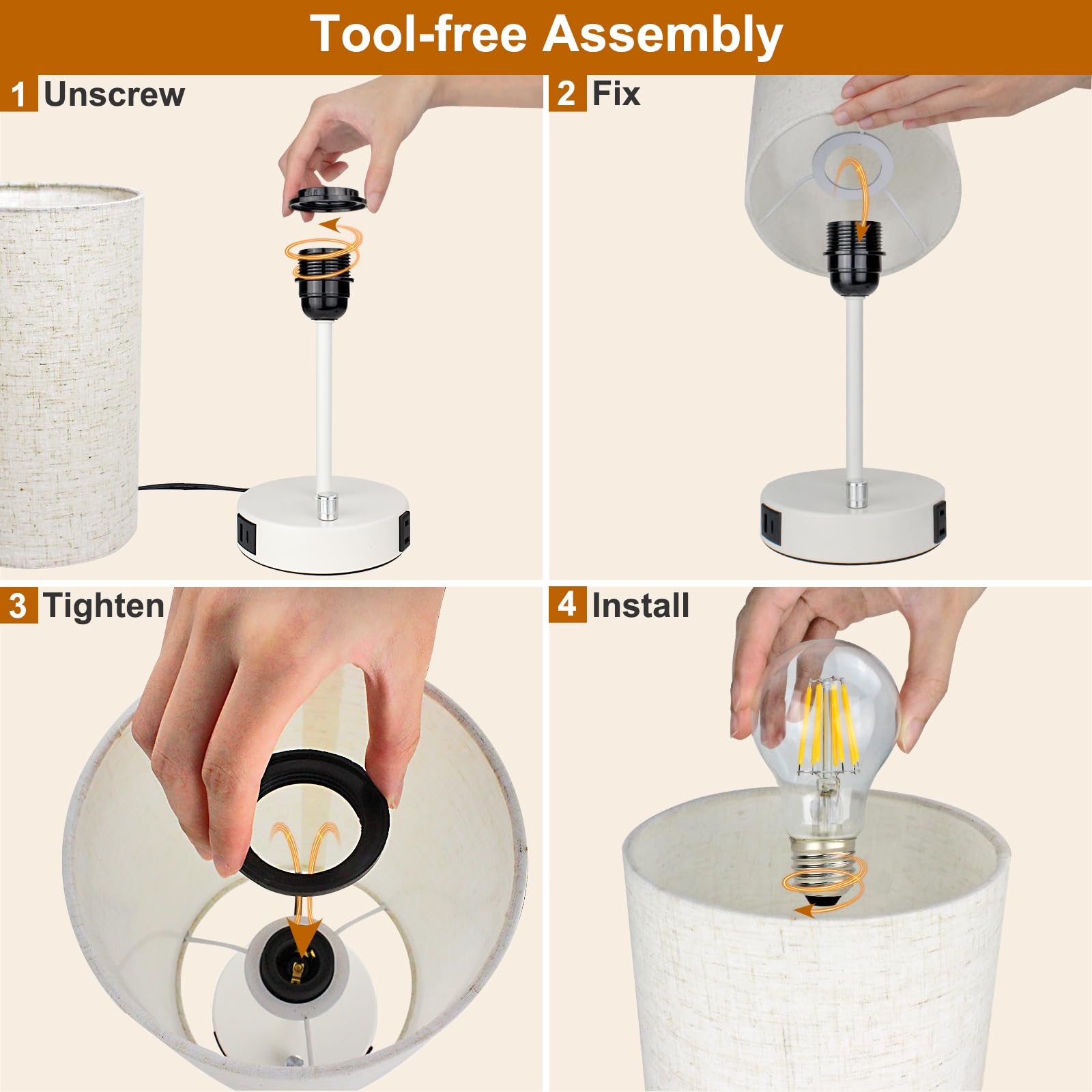 LTBLIGHT Nachttischlampe mit USB-Anschluss und AC-Steckdose, 3-fach dimmbar, Nachttisch-Schreibtischlampe, kleine Lampe, weißer Sockel, runder Flachsstoffschirm für Wohnzimmer, Schreibtisch (7 W, 800
