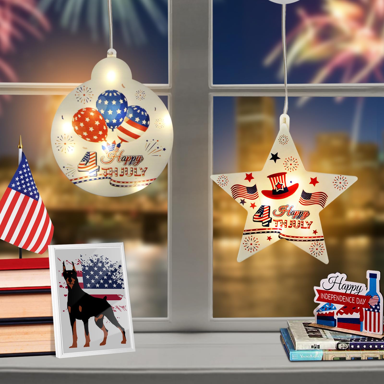 XTF2015 4th of July Window Lights Decorations，Red White and Blue Decorations Lights, Circle and Pentagram USA Flag Lights Pendant Decoratio, Suction Cup Battery Box with Hook Powered (2PC)