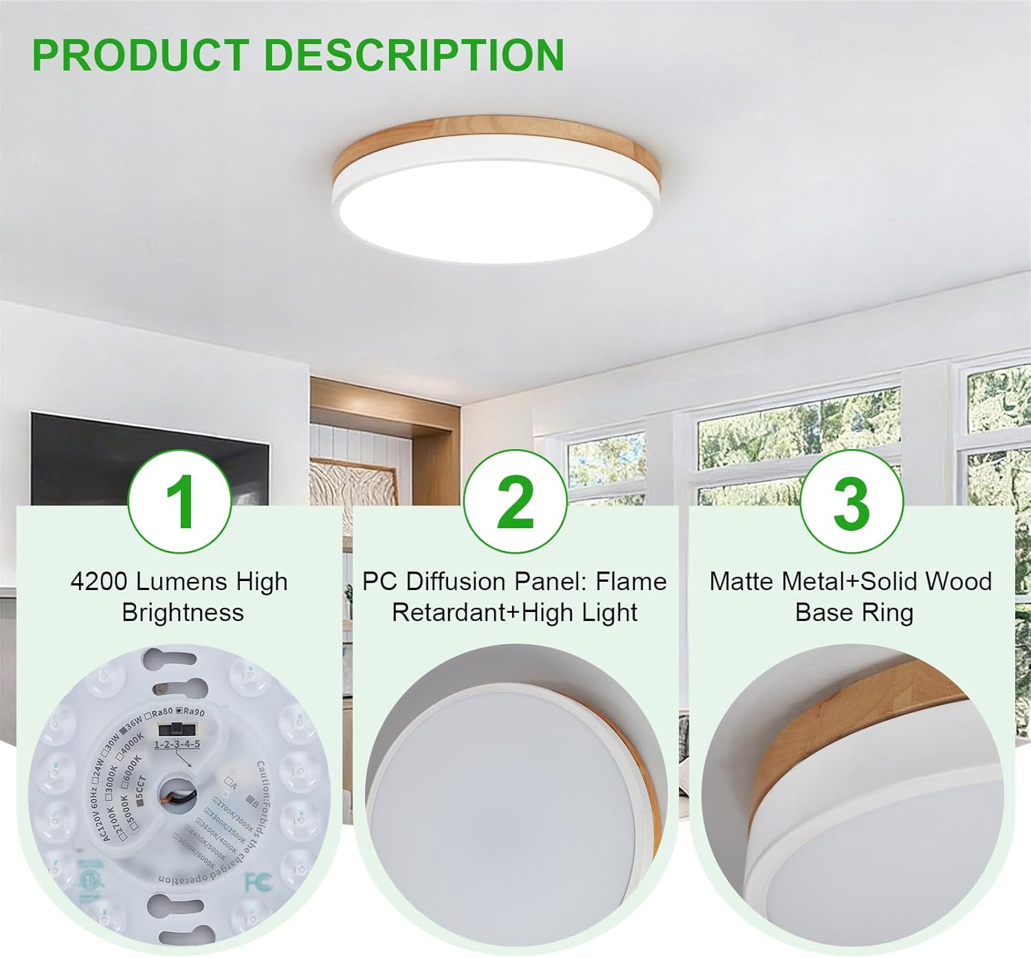 15.8inch Dimmable Wood led Ceiling Light,36W Wood Flush Mount Ceiling Light Fixture,3000K/3500K/4000K/5000K/6000K Selection,Circle Lighting Lamp with Acrylic Lampshade for Bedroom,Hallway,Kitchen