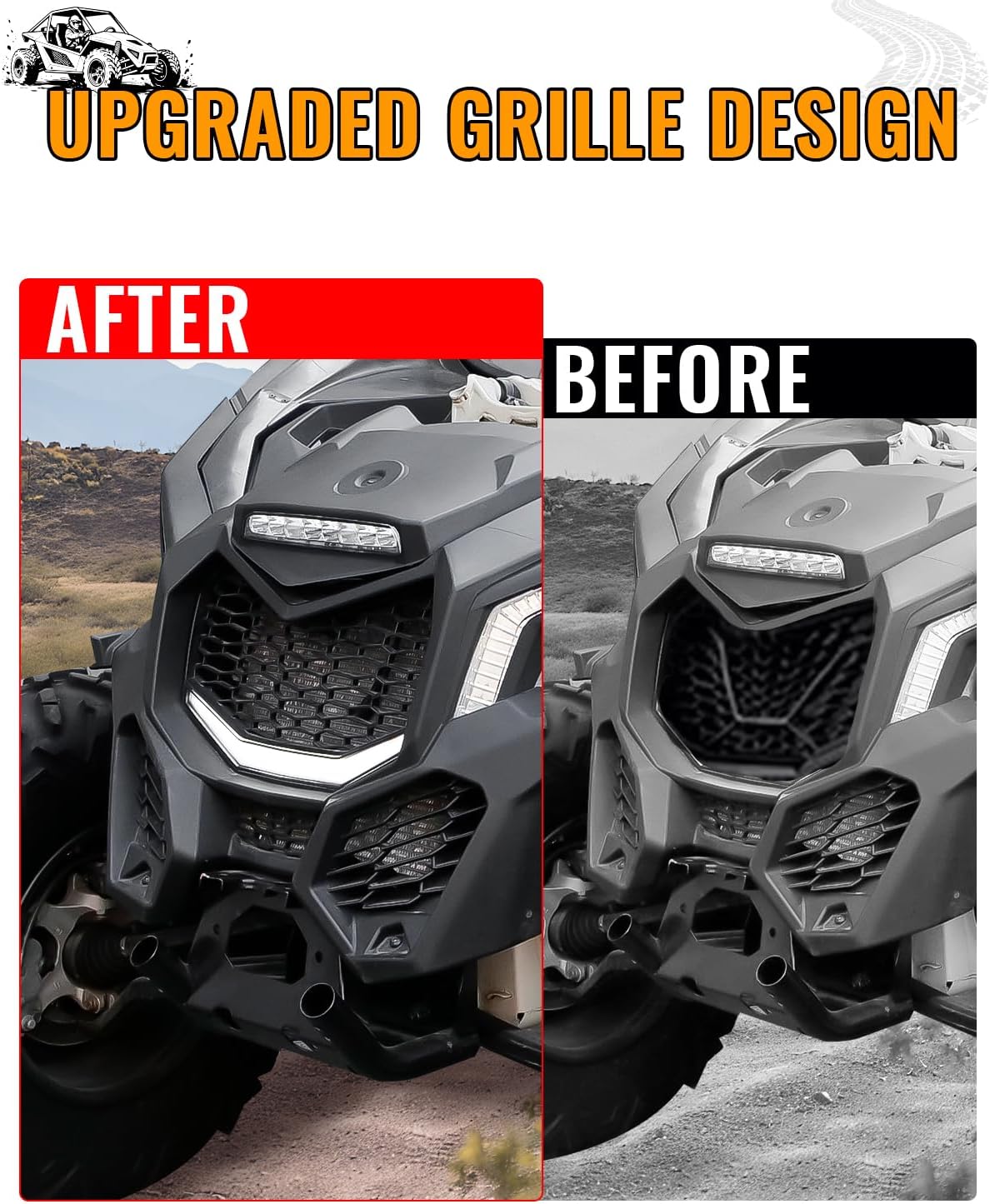 Front Mesh Grille with LED Light Bar for Can-Am Maverick X3 Accessories, Fits X3 Max Turbo 2017-2025, OEM Style Replacement Waterproof Grill with Running Fang Lights, Easy Snap-On Install