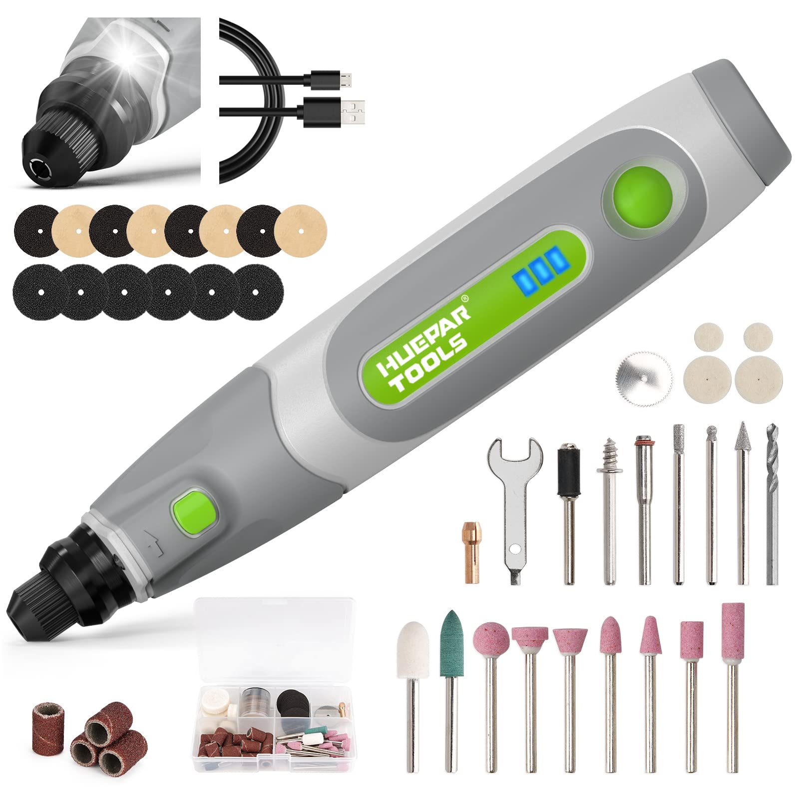 Huepar ToolsCordless Rotary Tool, 98PCS Accessories, 5,000-18,000 RPM, LED Light, 3.7V Rechargeable Rotary Tool Kit Sanding, Polishing and Cutting, Perfect for DIY and Handmade