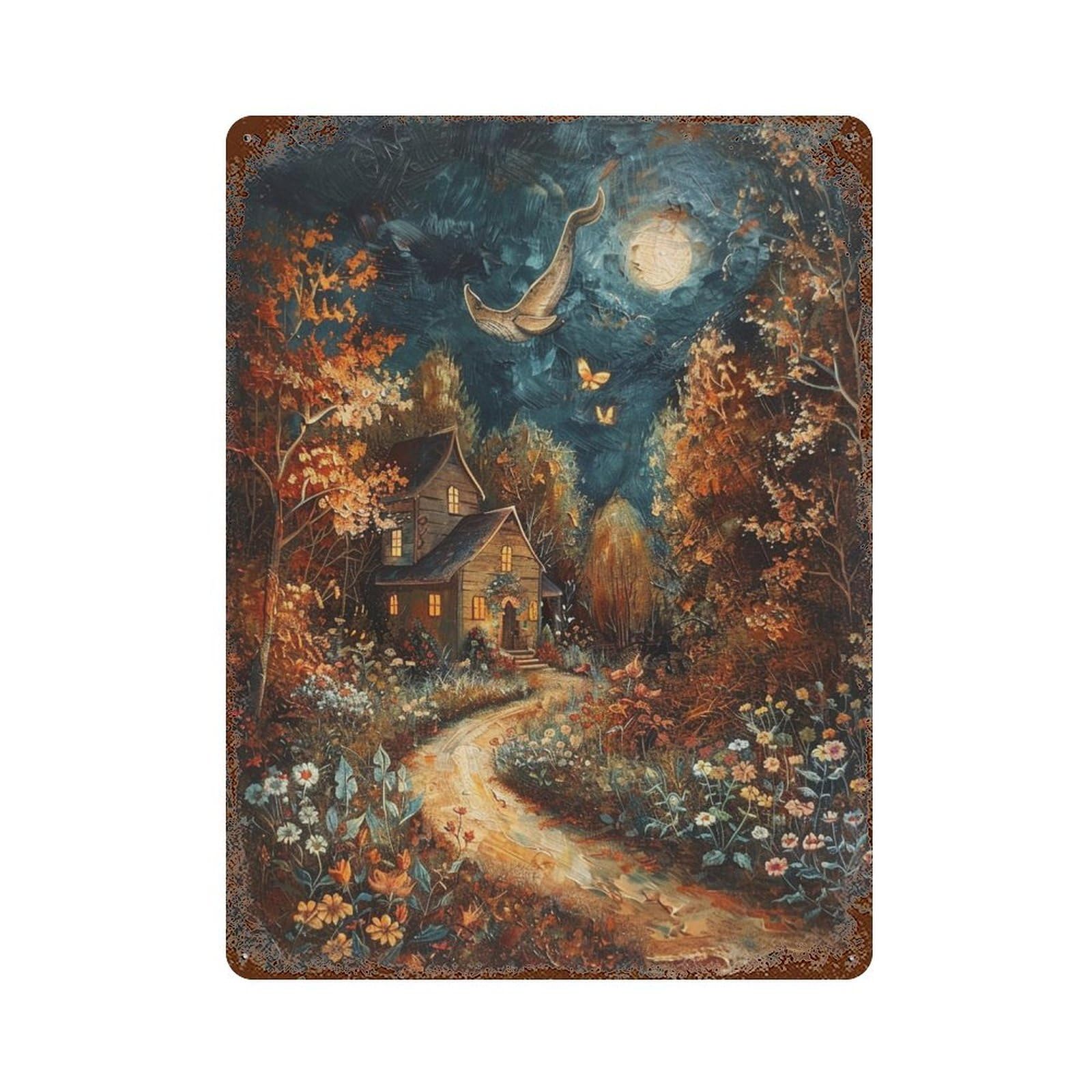 Whimsical Forest Cottage Scene Aged Metal Wall Plaque 15.7"x11.8", Rustic Home Decor for Garage, Pub Or Kitchen