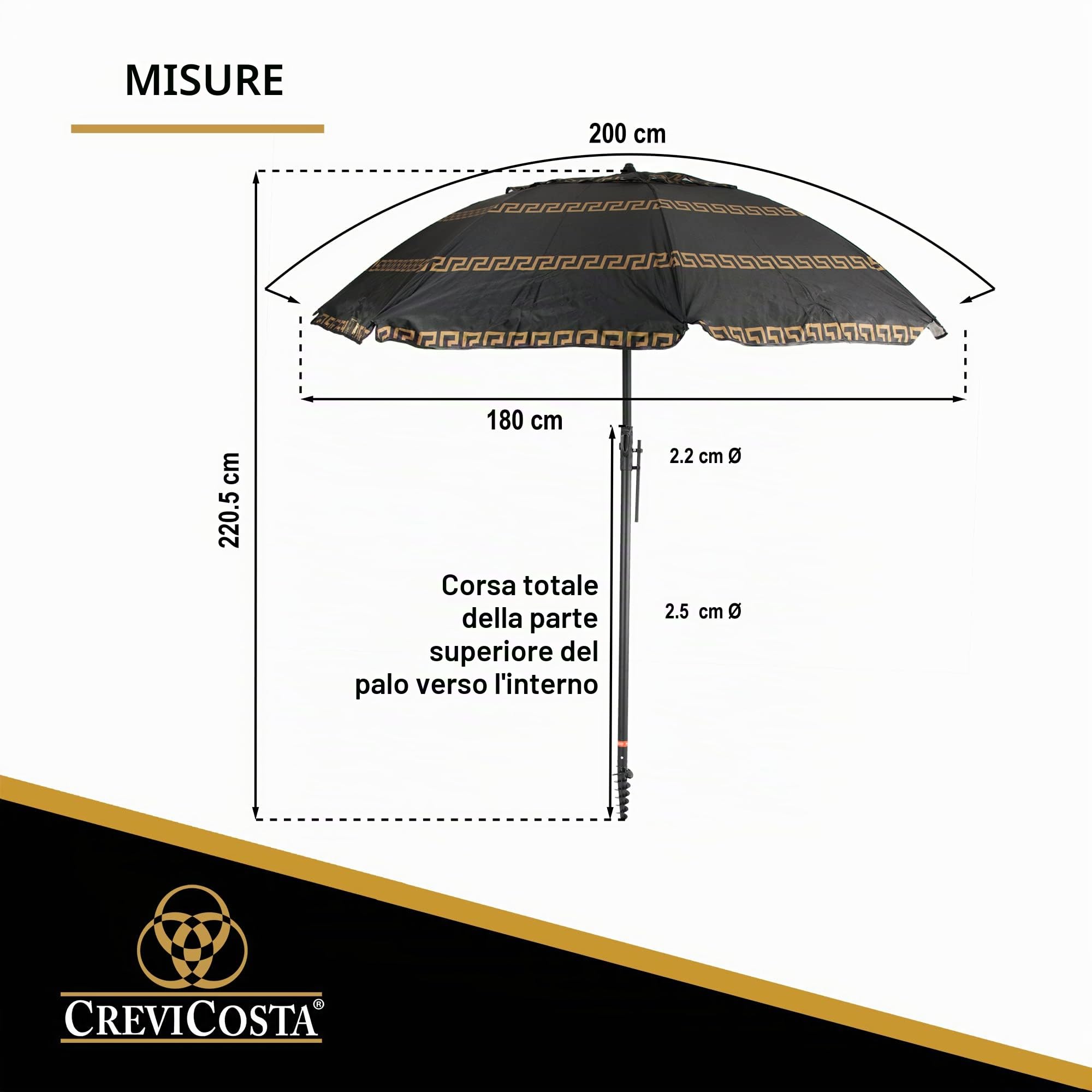 CREVICOSTA QUALITY MARK MARCAS DE CALIDAD Ombrellone da spiaggia modello OLIMPIA NERO 200 cm con spirale e palo di viaggio totale 8 aste. Protezione totale contro i raggi UV, Olimpia Nero, 200 cm