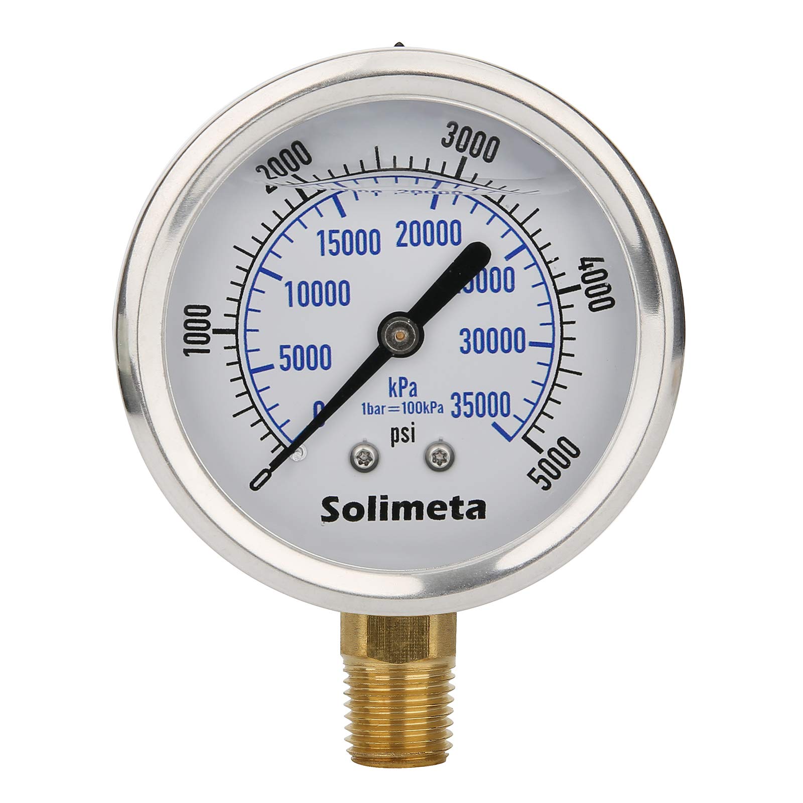 Solimeta 2-1/2" Dial Size, Oil Filled Hydraulic Pressure Gauge, 0-5000psi/kpa, 304 Stainless Steel Case, 1/4" NPT Lower Mount