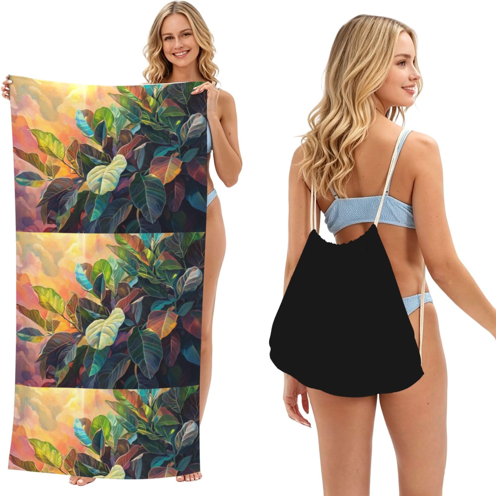 SKGOHLH Leaves glowing 2in1 Packable Beach Towel Bag Women