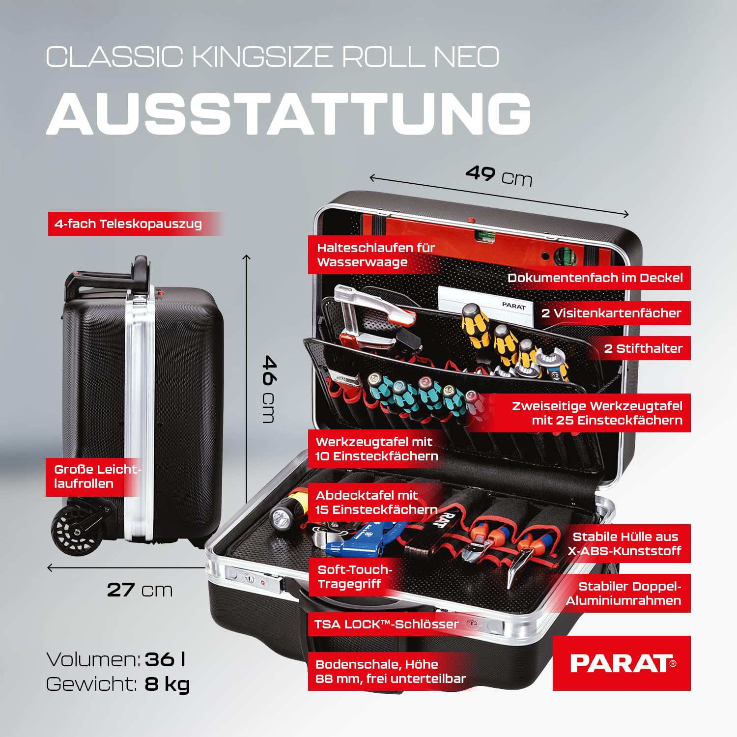 Parat Classic Kingsize Roll neo TSA Lock™ - Maletín de herramientas con ruedas para 50 compartimentos, incluye funda enrollable básica 8, 36 l, con bandeja inferior, con marco doble y ruedas