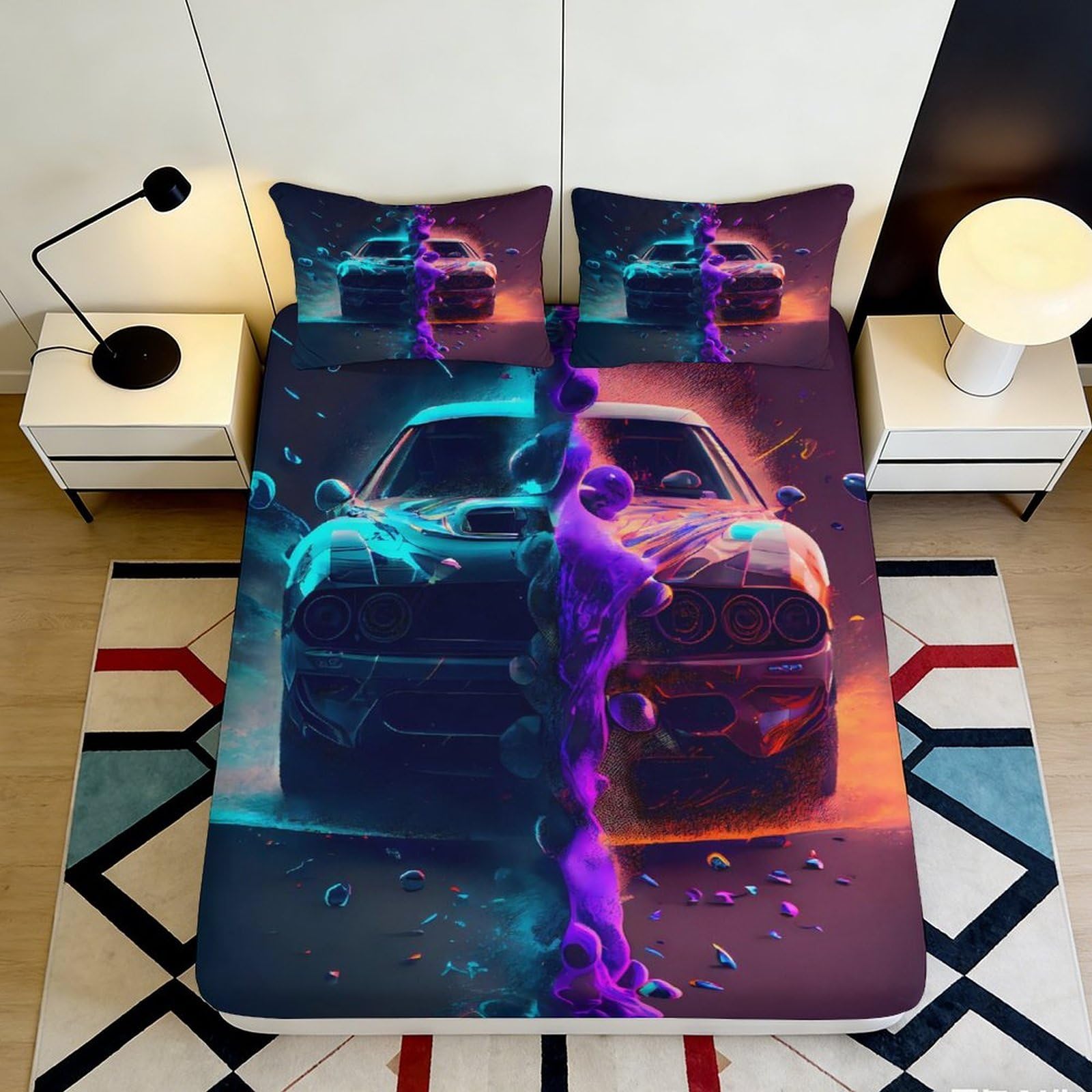 Jqzkxnhpbr Style-10 3D Printed Neon Racing Car Fitted Sheet Microfiber Vibrant Bedroom Decor Sports Style Mattress Cover 90X200x25cm