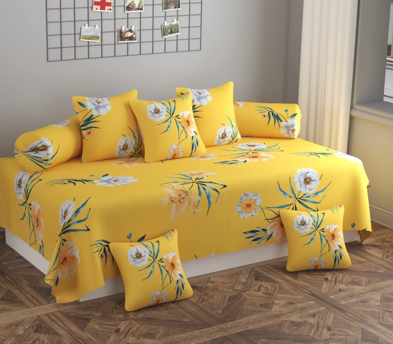 HOMICON Pure Soft Cotton Floral Printed Diwan Set Covers 8 Pieces - 1 Single Bed Sheet (60 X 90) with 5 Cushion (16 X 16), 2 Bolster Covers (16 X 32) - Yellow-image-42