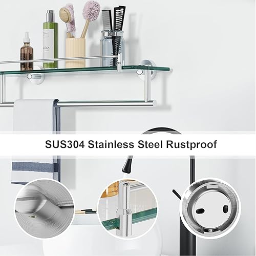 Miniatura 4 de Estante de baño de vidrio templado de 20 pulgadas con toallero, níquel cepillado y acero inoxidable, soporte de torre inoxidable para montaje