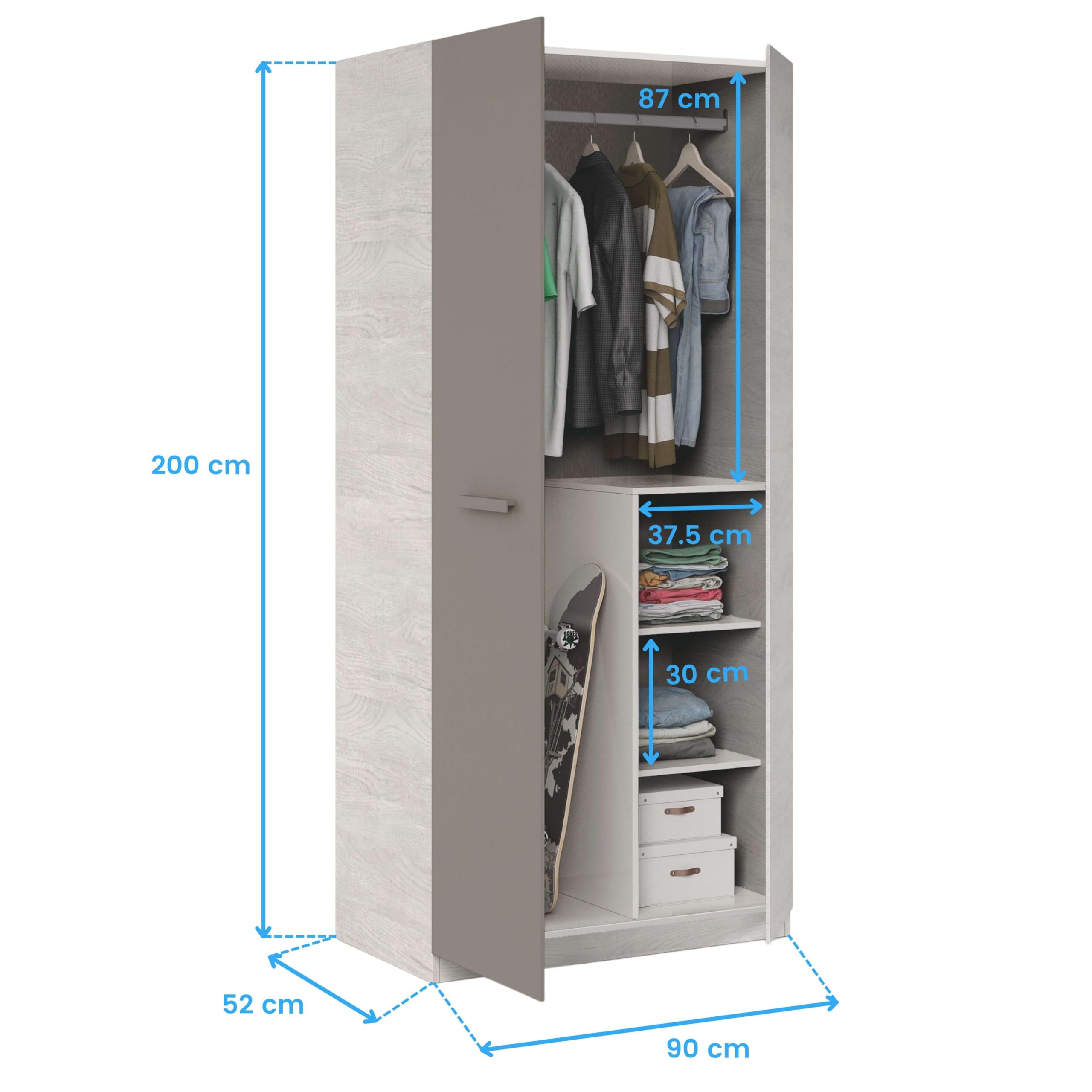 Armoire Pour Enfants Habitdesign 90x200x52 Cm - Blanc Et Bleu Alpes - 2 Portes Avec Suspension Et Étagères