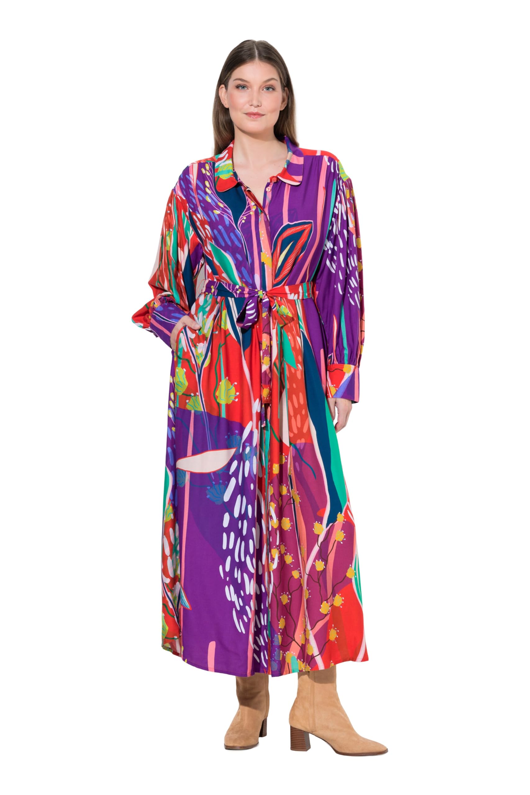 Ulla Popken Damen große Größen Übergrößen Plus Size Maxikleid, Landhausdruck, Hemdkragen, Ballon-Langarm 847661