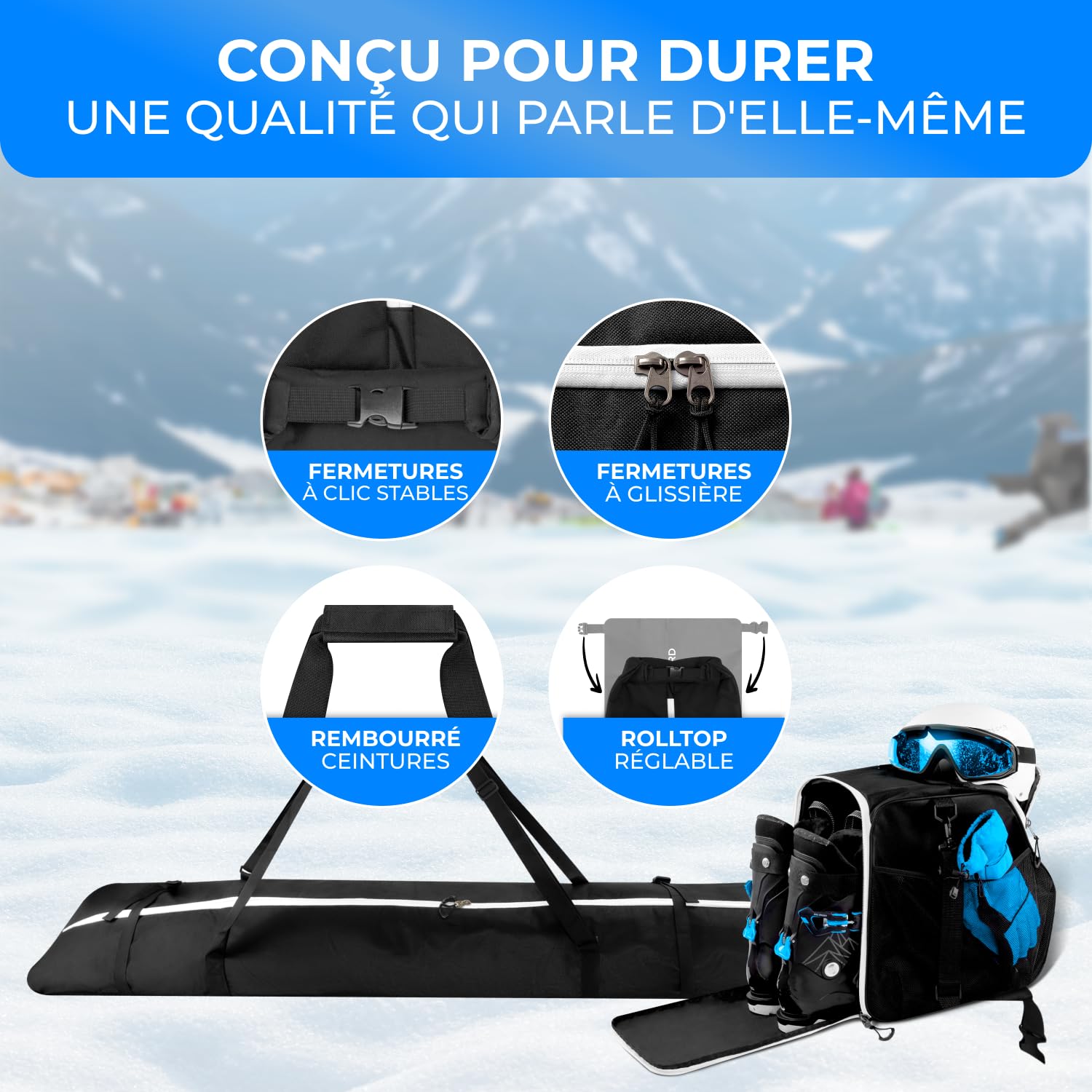 STYNGARD Set Housse à Skis [140 cm à 200 cm] et Sac à Chaussures de Ski avec Compartiment pour Casque [40 L] Housse Ski et Chaussures avec Grille d'aération Modèle Vancouver