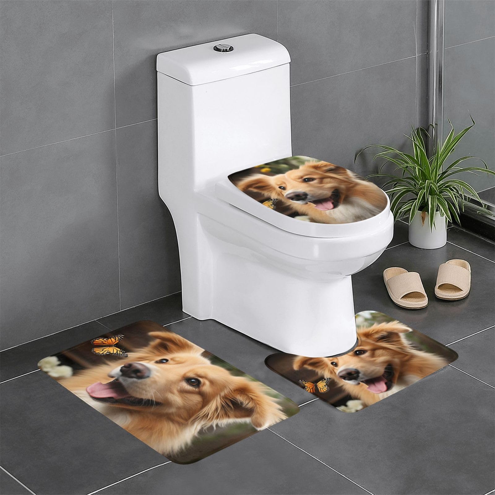 Tapis de bain chien mignon 3pcs avec housse d'abattant et tapis WC durable