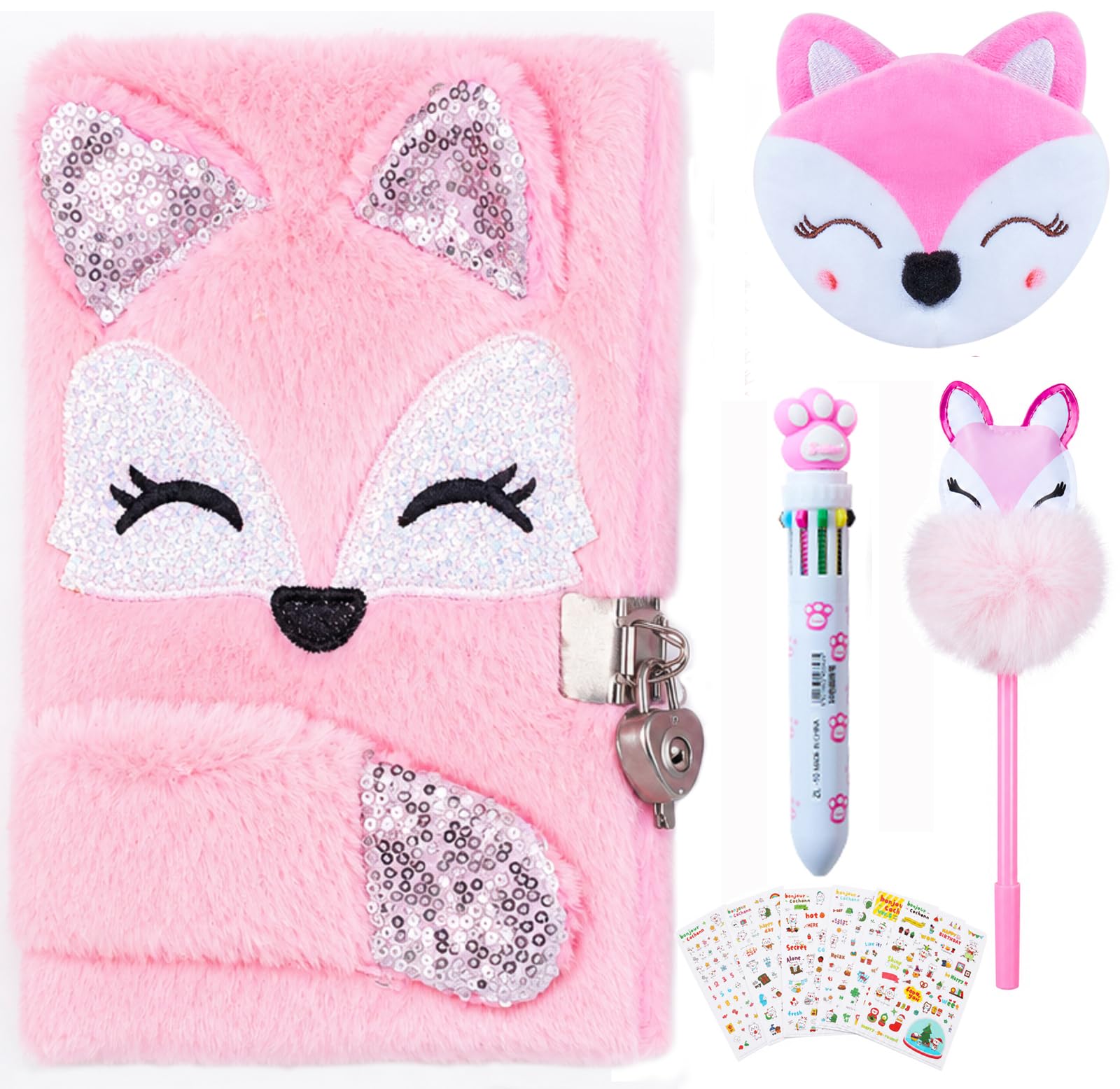 KZPR Girls Diary with Lock for Ages 7 8 9, Pink Fox Fuzzy Notebook Journal for Kids, 160 Pages Plush Hardcover Diary with Key, Birthday Gifts for 7-10 Year Old Girls
