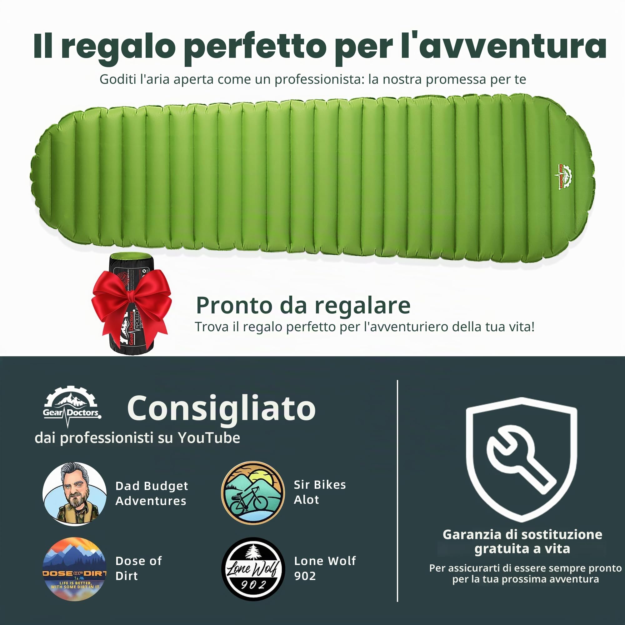 Gear Doctors ApolloAir - Materassino ultraleggero da campeggio, 481,9 g, grande, caldo, 5,2 R-Valore 4 stagioni, perfetto per escursioni, escursioni, materassino leggero gonfiabile e compatto