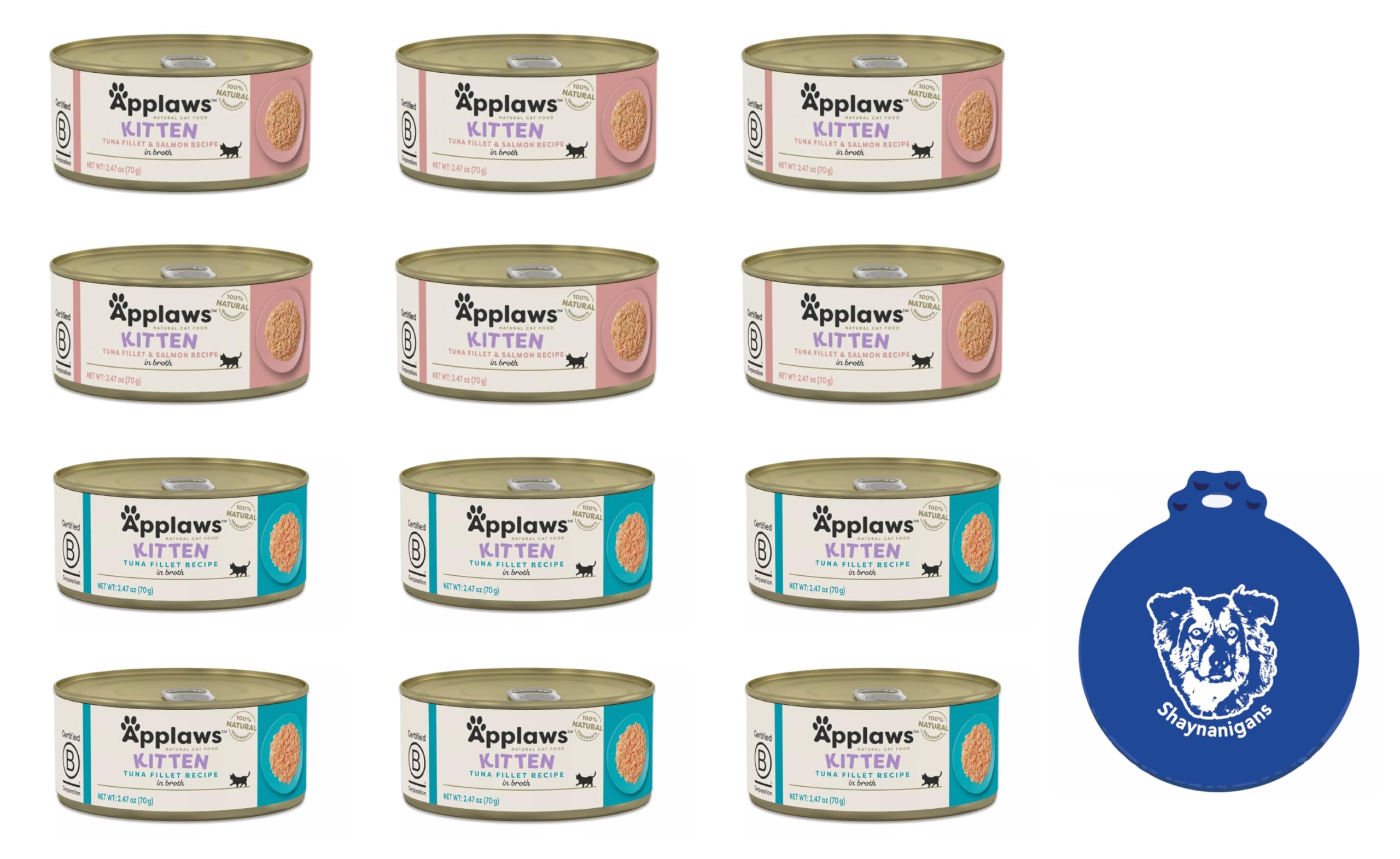 Applaws Canned Wet Kitten Food in 2 Flavors: 6 Tuna Fillet in Broth and 6 Tuna with Salmon in Broth (12 Cans Total, 2.47 Ounces Each) Plus Silicone Lid