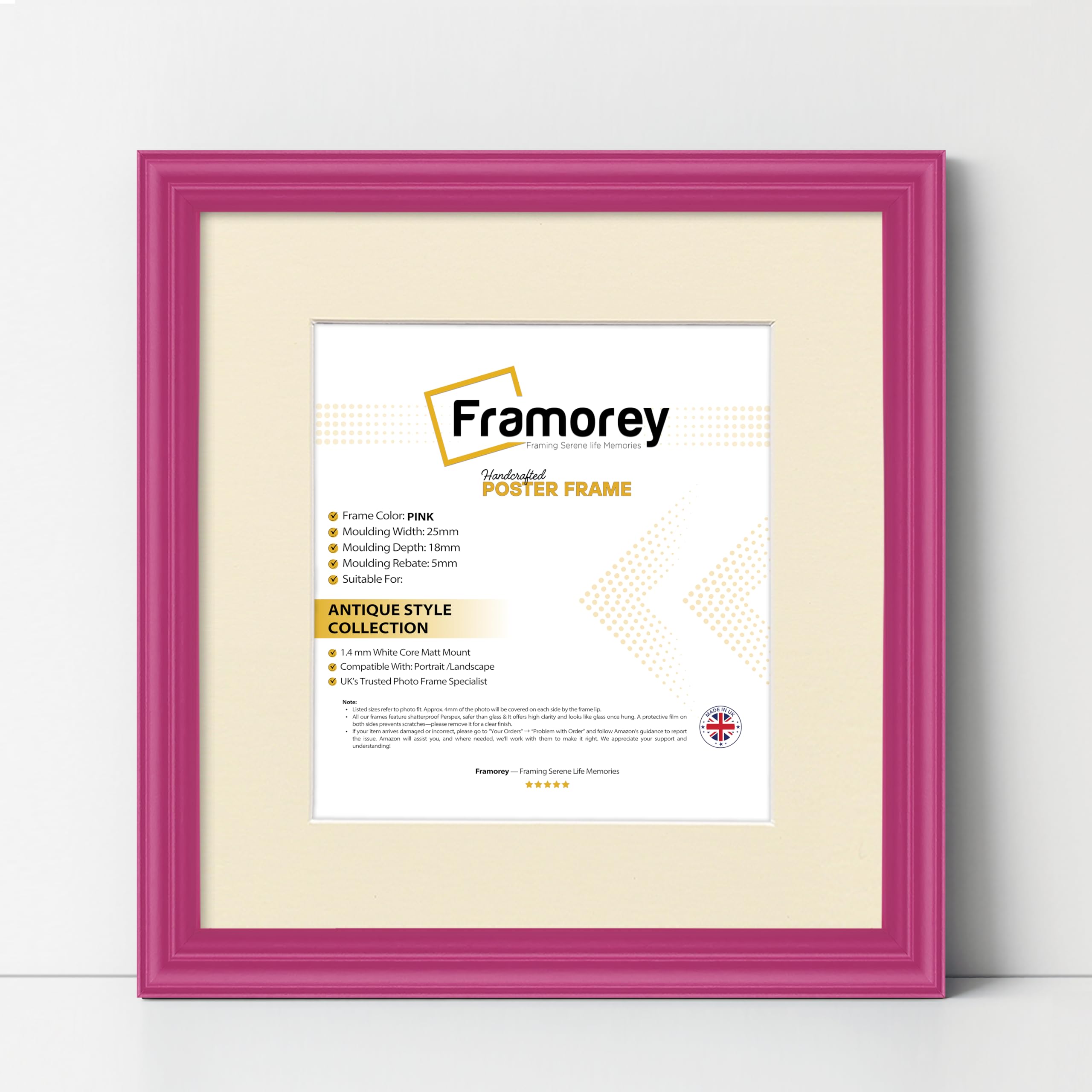 FRAMOREY Square Photo Frames, 40x40CM Size Pink Picture Frame With 30x30CM Size Ivory Mount, LW Antique Style Home Wall Decor Frames, Wall Hanging Art Poster Frames, MDF Wood Frames