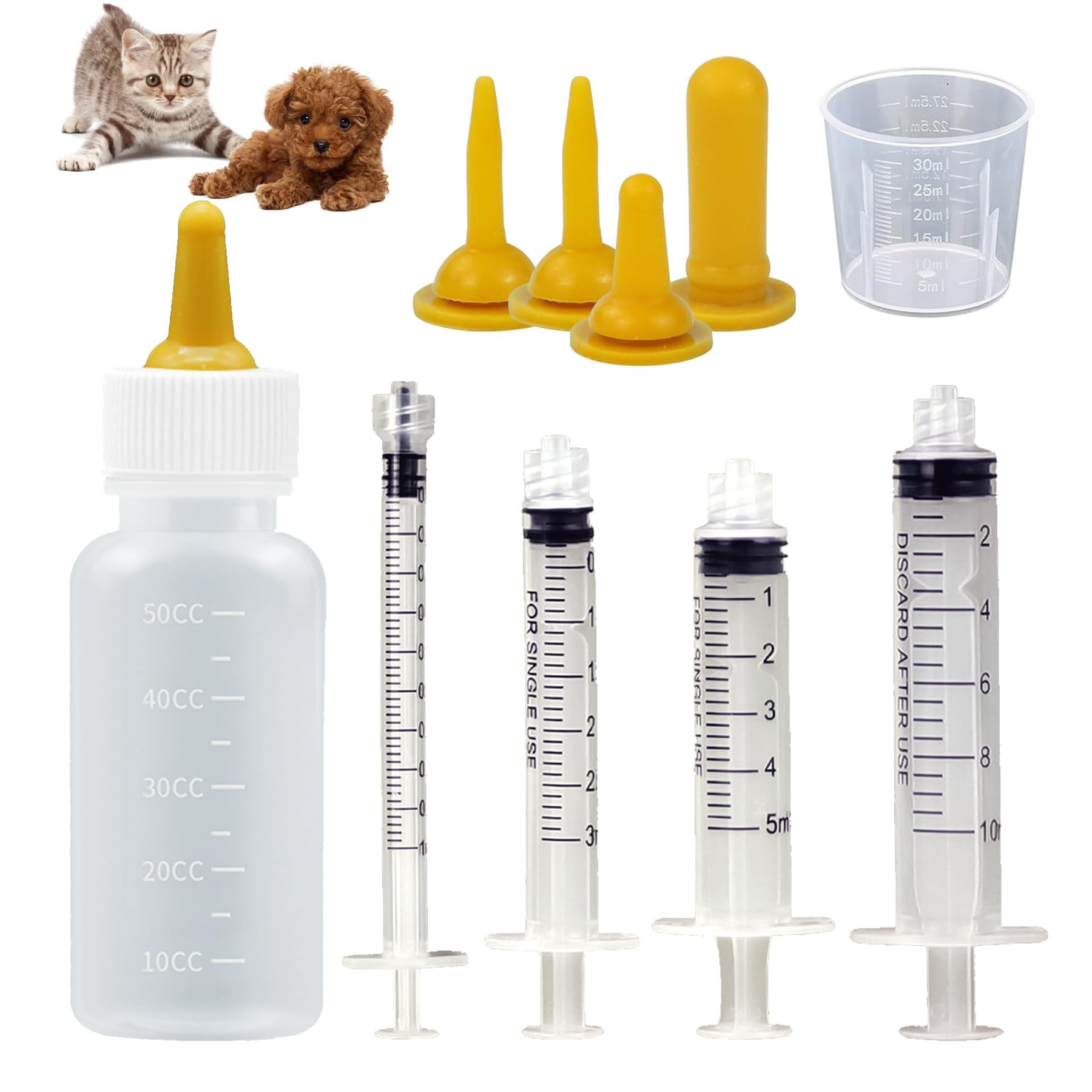 Pet Feeding Bottle Kit Silicone Feeding Nipple and Syringes for Newborn Kitten and Puppy Small Animals (1 Bottle+4 Nipples+4 Syringes+1 Measuring Cup)