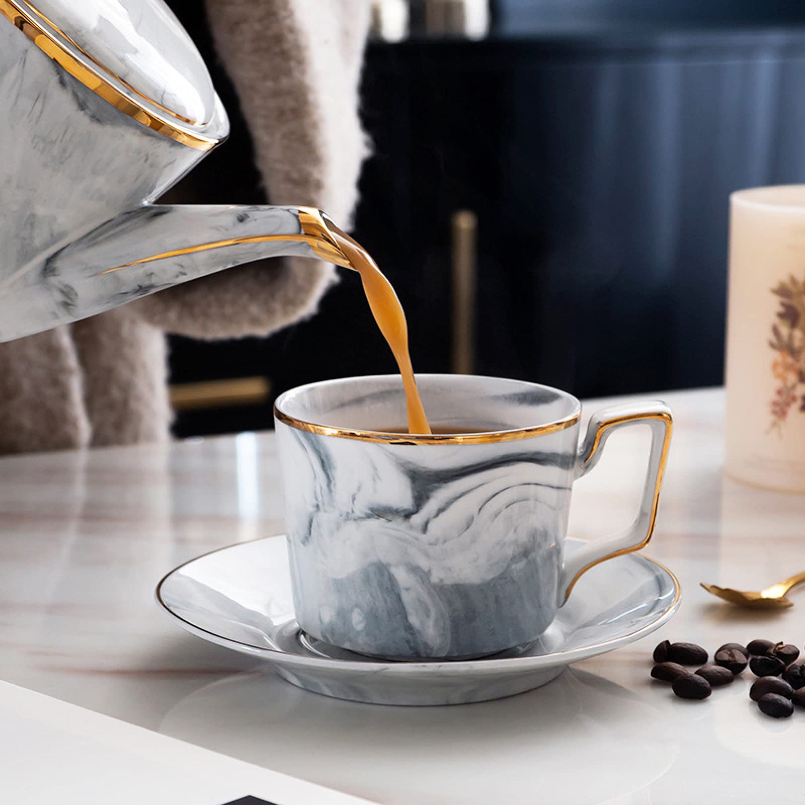 21 szt. Porcelanowe zestawy do herbaty dla dorosłych marmurowy wzór zestaw zakrętek i spodków kawy serwis herbaciany z cukiernicą, dzbankiem na mleko, łyżkami(Grey)