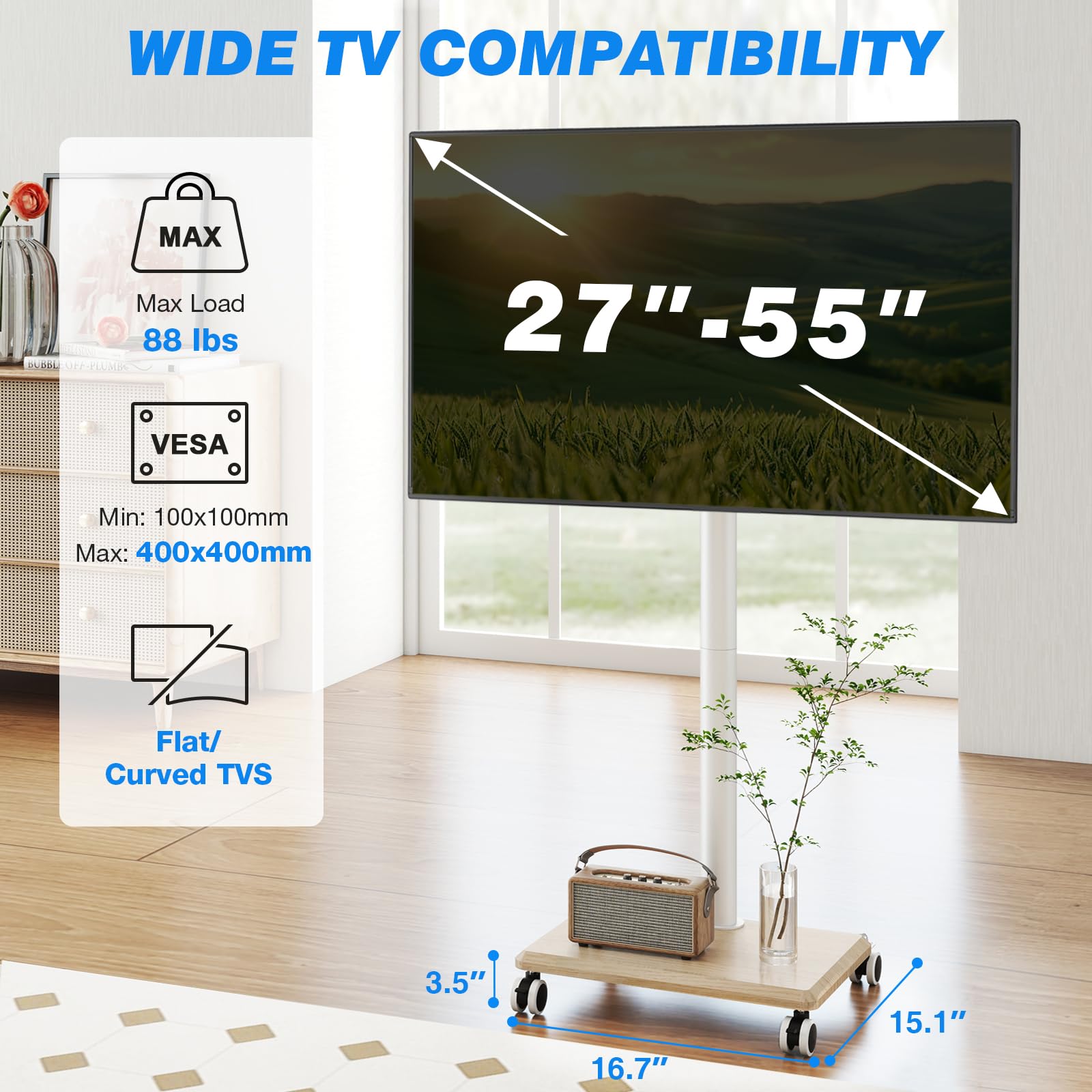 5Rcom Carrello Porta TV con Ruote per TV da 27-55 Pollici, Supporto TV da Pavimento Regolabile in Altezza e Girevole con Base in Legno - VESA Max 400x400mm, Portata Massima 30kg (Beige)
