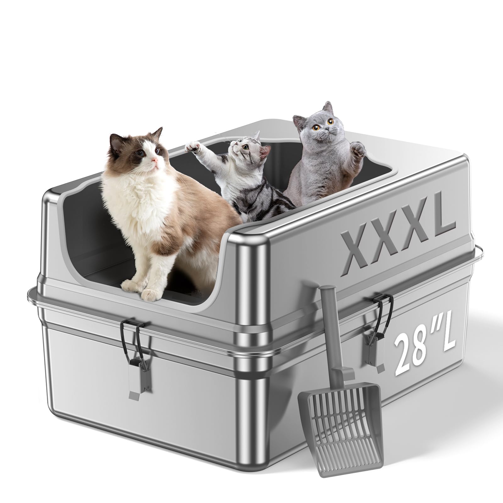 XXXL Stainless Steel Litter Box,28"L*20"W*12.5"H Large Capacity Metal Cat Litter Box for Big & Multiple Cats,Anti-Leakage,Non-Stick Surface for Easy Cleaning,Odor-Resistant,Scratch-Resistant