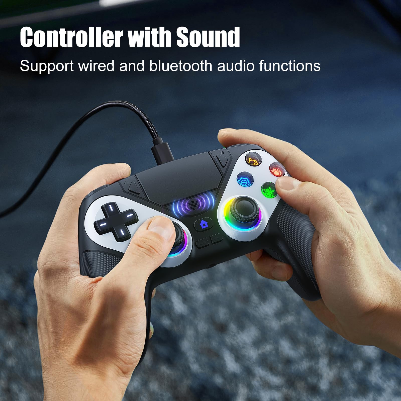 Dinosoo Manette sans fil RGB pour PS5/Pro/Slim/PC, avec palettes arrière, mode Turbo, macro, pavé tactile, suivi de mouvement 6 axes, double vibration et prise audio 3,5 mm
