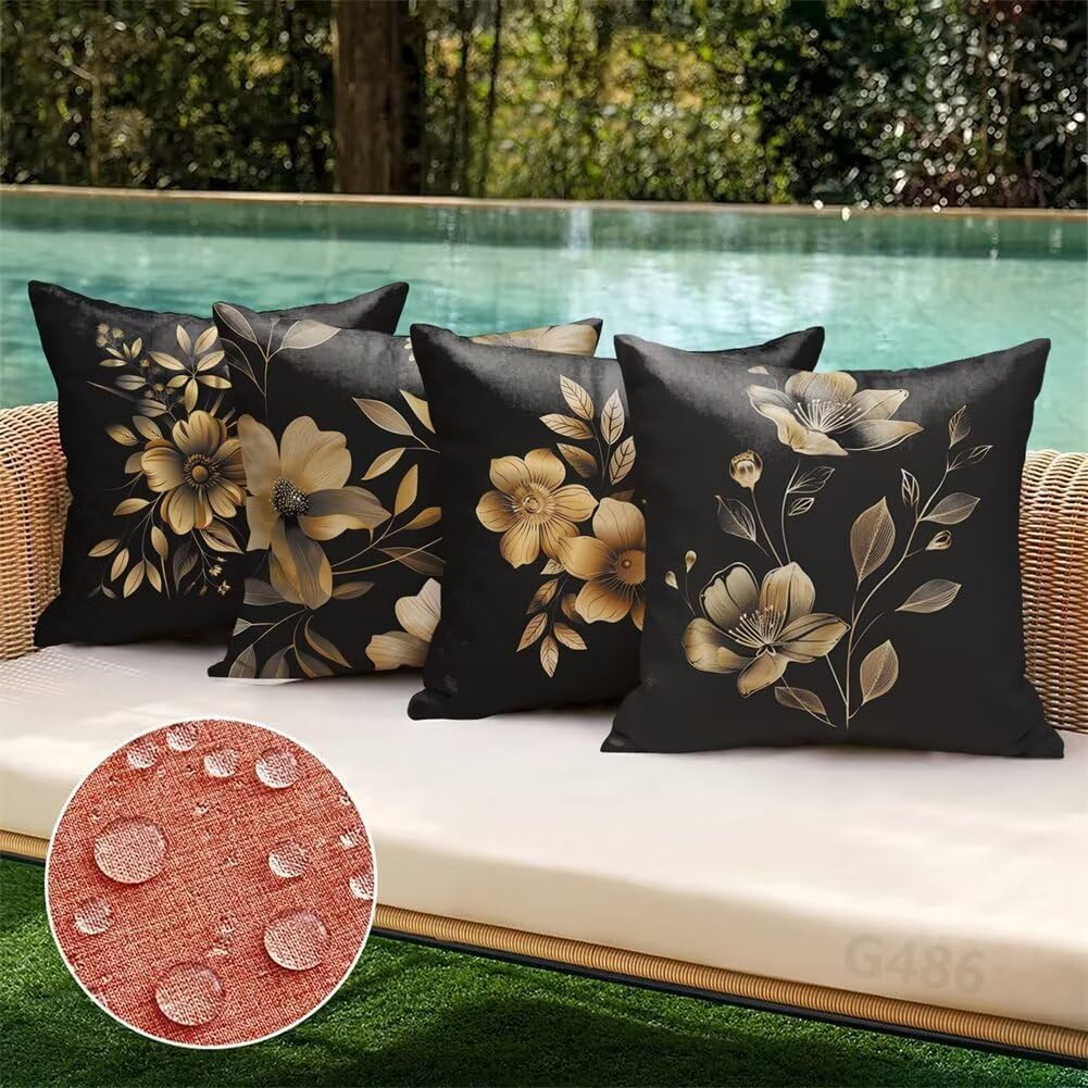 Federe Cuscini Divano 55 x 55 Copricuscini da Esterno Impermeabili Set di 4 Cuscini Nero Cuscini per Divano in Lino Cuscini Esterno Impermeabili Foglia Cuscini Decorativi, Regalo Donna, Giardino N-1